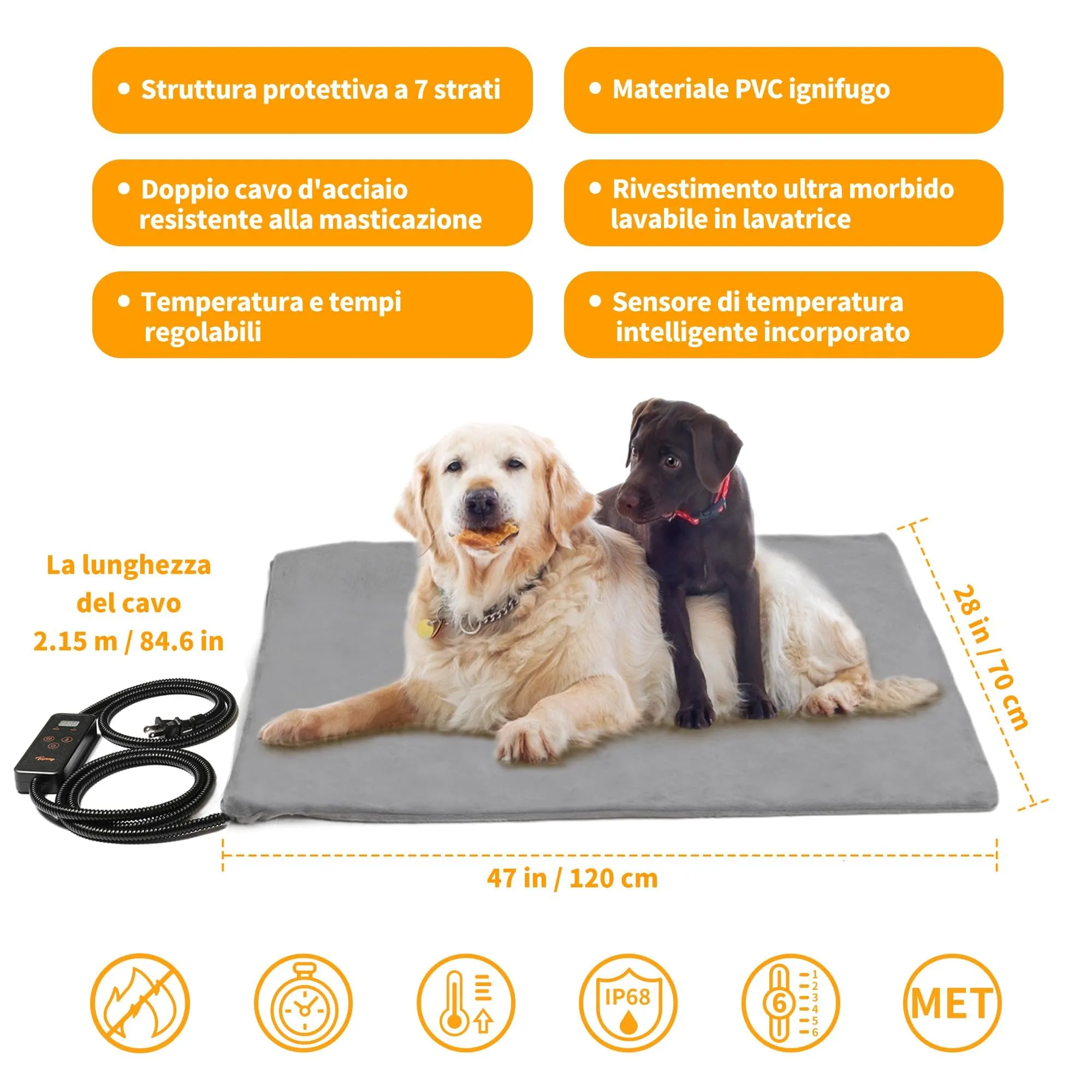 Toozey Tappetino Riscaldante per Cani e Gatti, Timer e Temperatura Regolabile, Grigio - XXL (120 x 70cm) - immagine 2