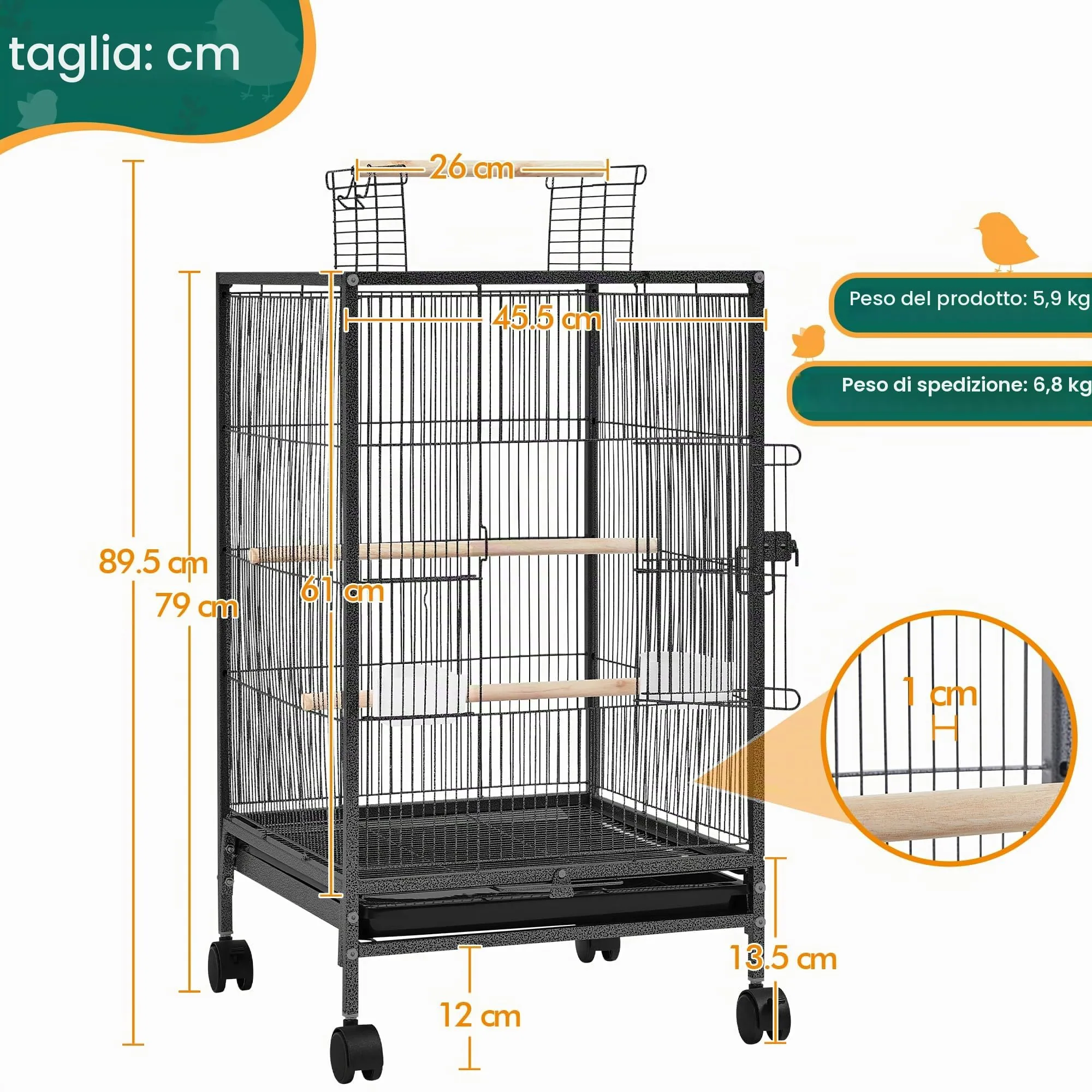 Yaheetech Gabbia in Metallo per Piccoli Uccelli, 45,5 x 45,5 x 79 cm, Nero - immagine 3