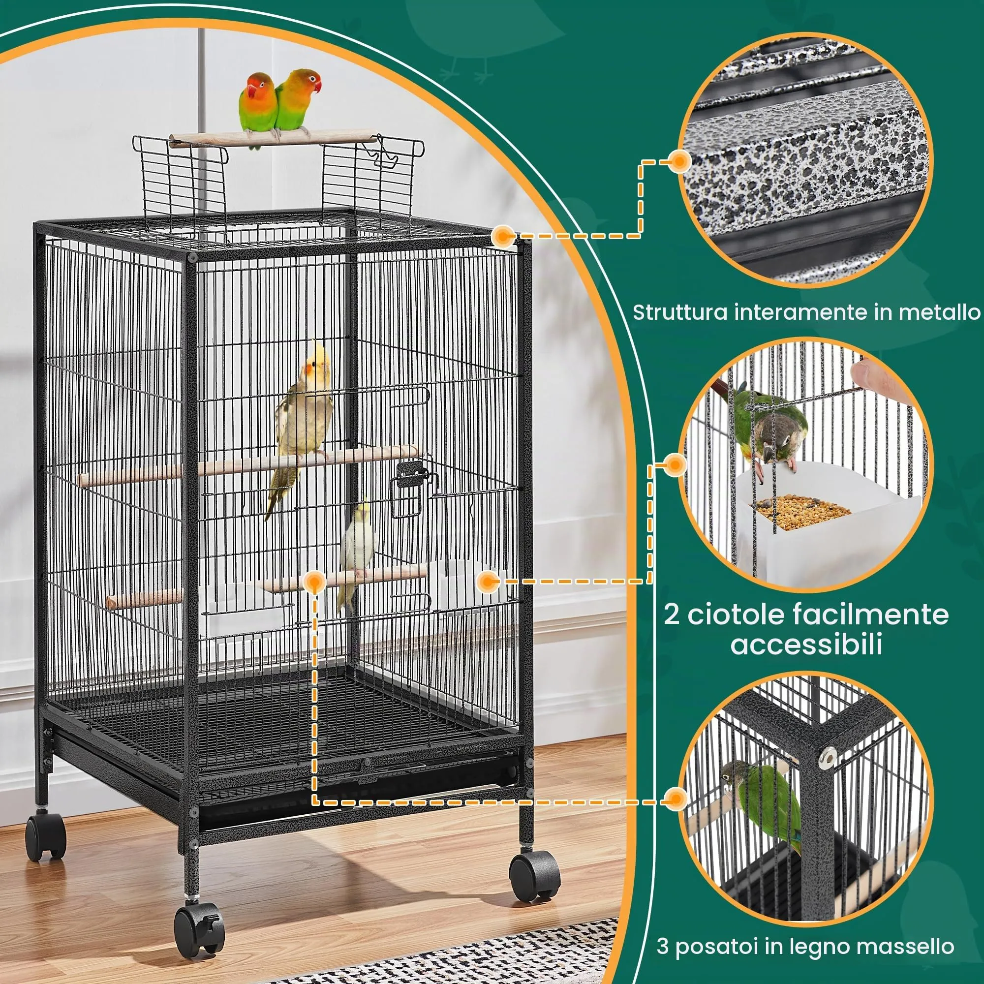 Yaheetech Gabbia in Metallo per Piccoli Uccelli, 45,5 x 45,5 x 79 cm, Nero - immagine 4