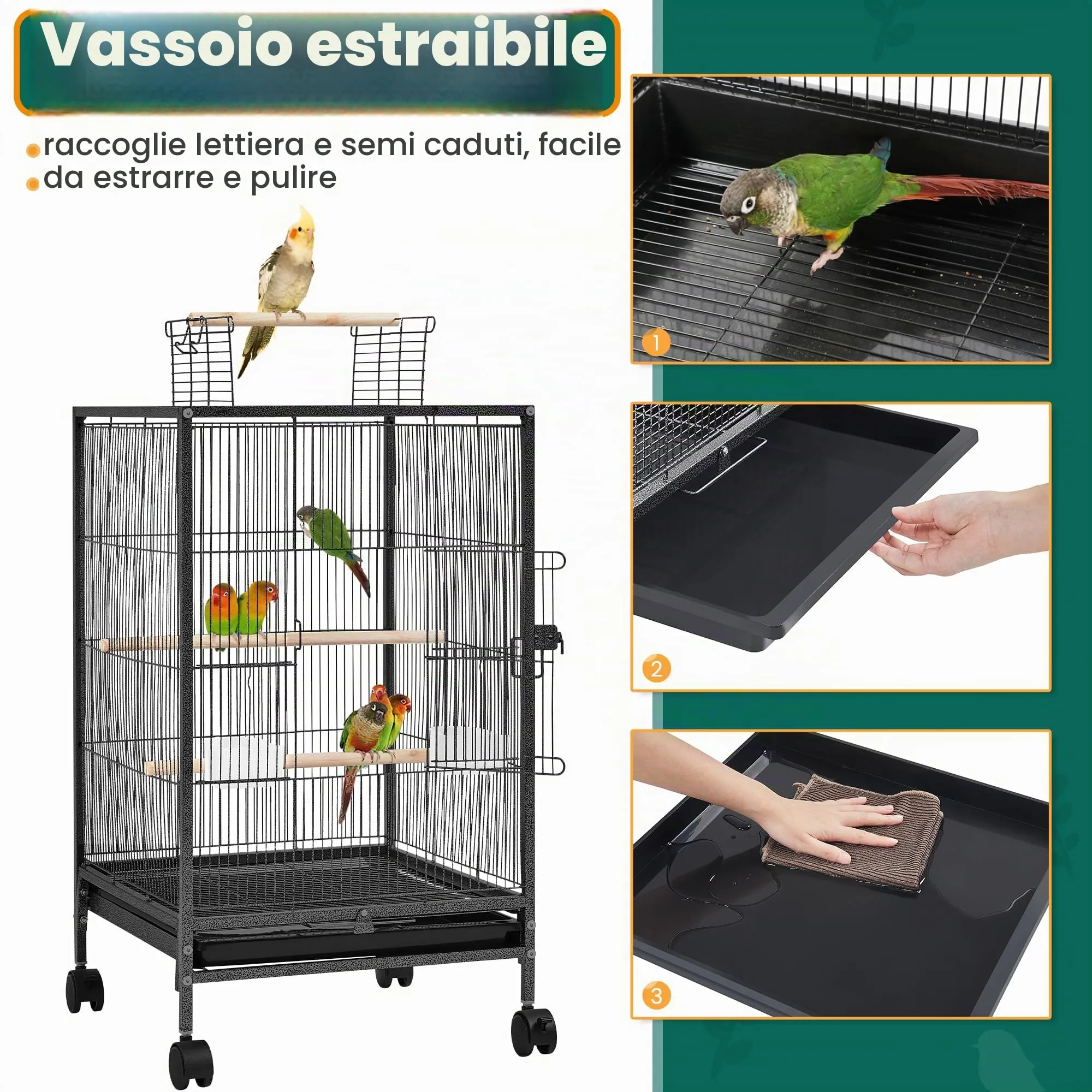 Yaheetech Gabbia in Metallo per Piccoli Uccelli, 45,5 x 45,5 x 79 cm, Nero - immagine 7