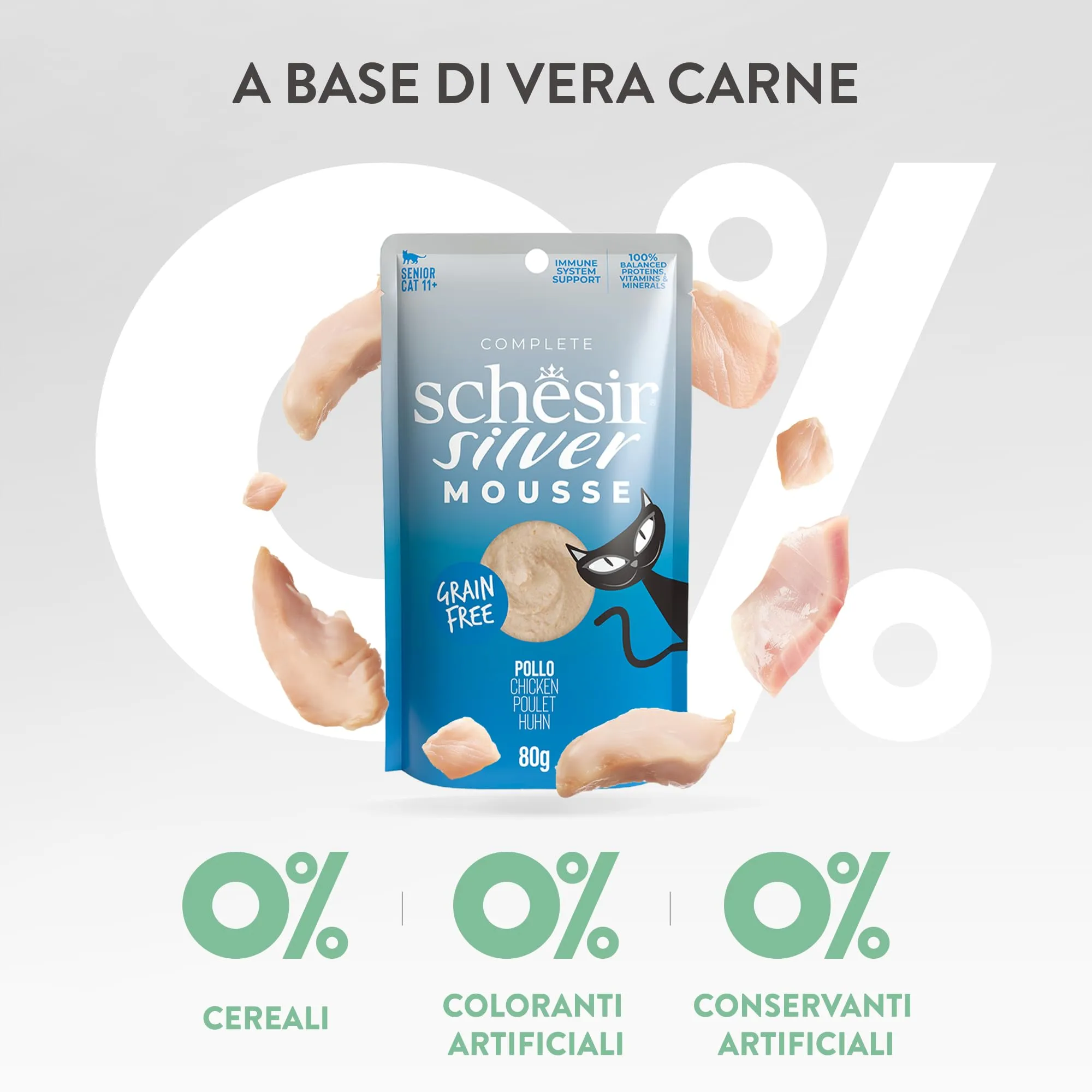 Schesir Silver Pollo in Mousse Alimento Umido Completo per Gatti Anziani, Grain Free, 12 x 80g - immagine 6