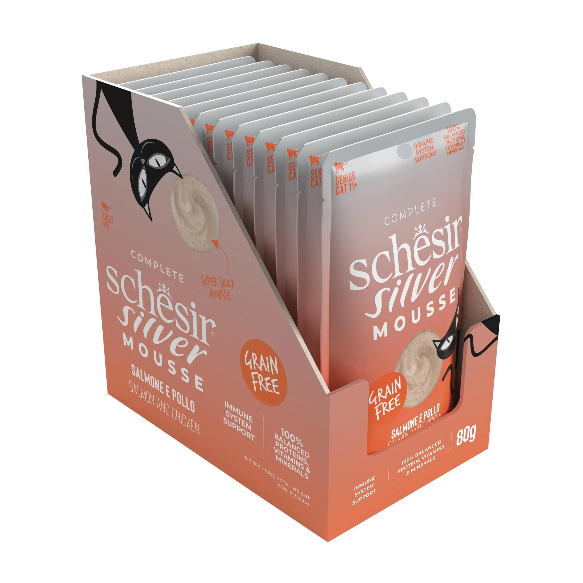 Schesir Silver Salmone in Mousse Alimento Umido Completo per Gatti Anziani Grain Free, 12 x 80 g - immagine 3