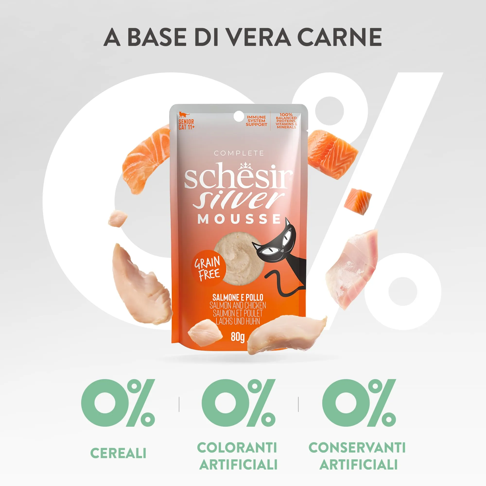 Schesir Silver Salmone in Mousse Alimento Umido Completo per Gatti Anziani Grain Free, 12 x 80 g - immagine 6