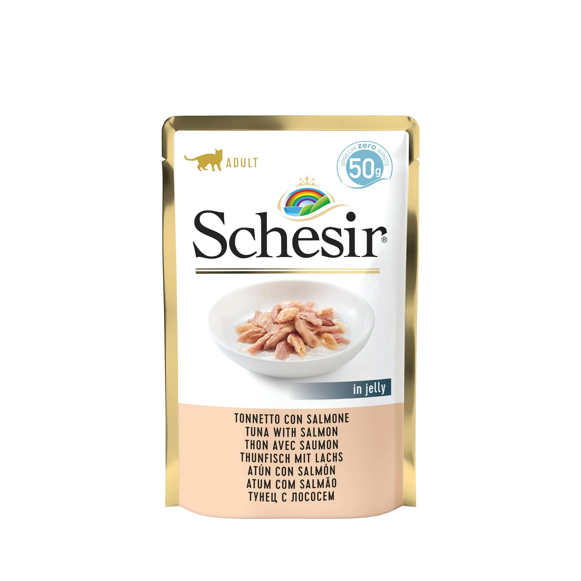 Schesir Cibo Umido per Gatti Adulti Tonno e Salmone in Gelatina, 30 Buste da 50g - immagine 1