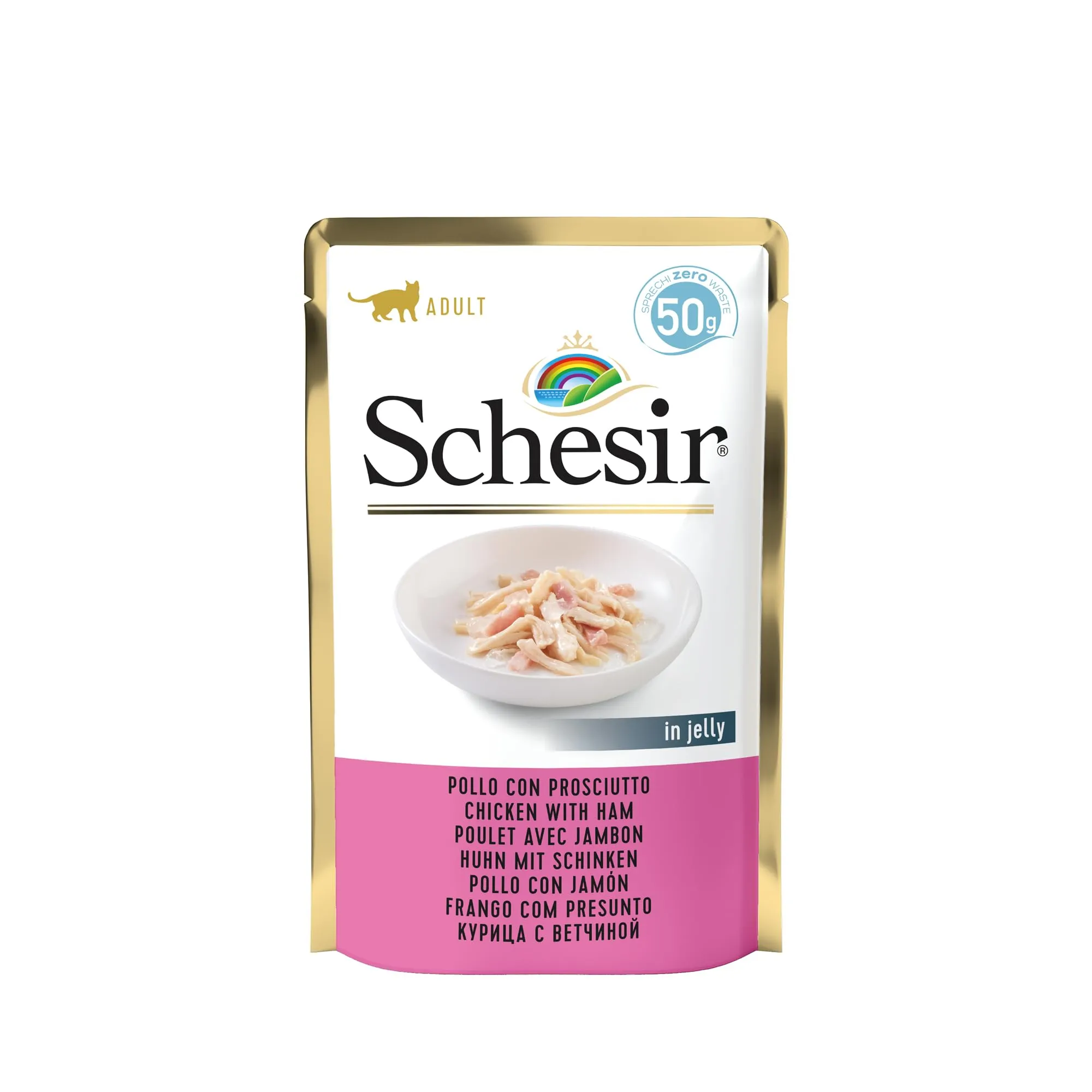 Schesir Cibo Umido per Gatti Adulti Pollo e Prosciutto in Gelatina, 30 Buste da 50g - immagine 1