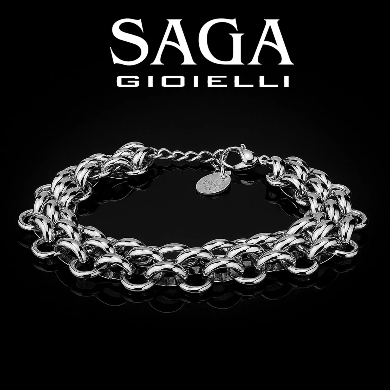 SAGA GIOIELLI Bracciale donna a catena intrecciata striata argentata in acciaio inox, 18+5,5 cm, spessore 13 mm (Liscio) - immagine 2