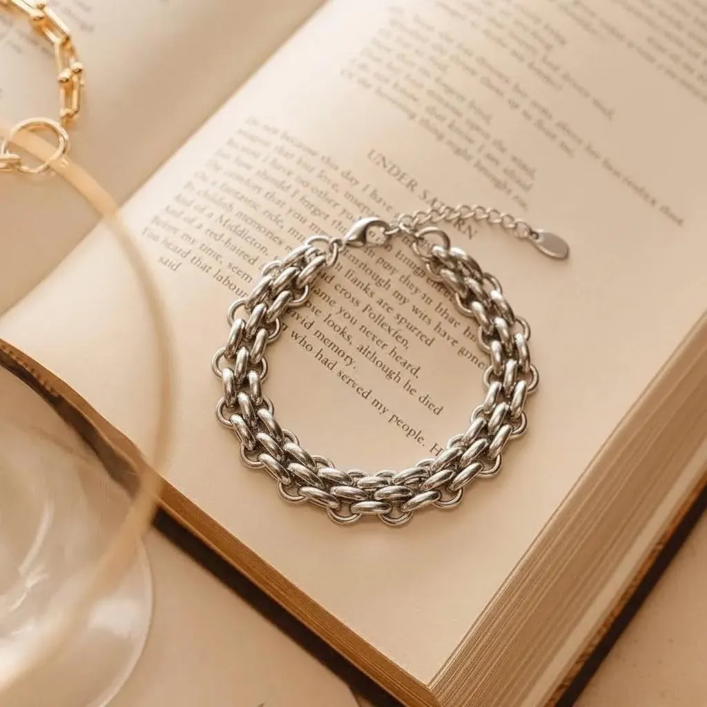 SAGA GIOIELLI Bracciale donna a catena intrecciata striata argentata in acciaio inox, 18+5,5 cm, spessore 13 mm (Liscio) - immagine 5