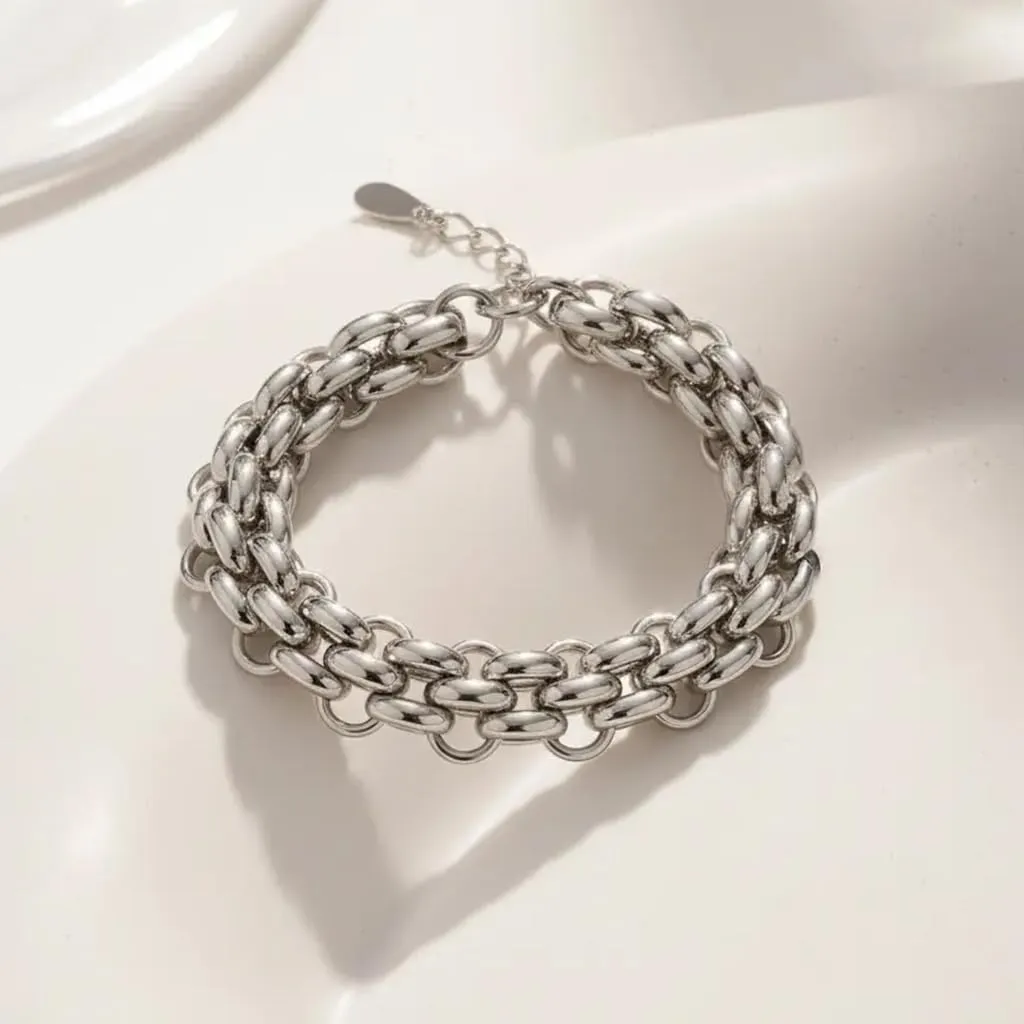SAGA GIOIELLI Bracciale donna a catena intrecciata striata argentata in acciaio inox, 18+5,5 cm, spessore 13 mm (Liscio) - immagine 6