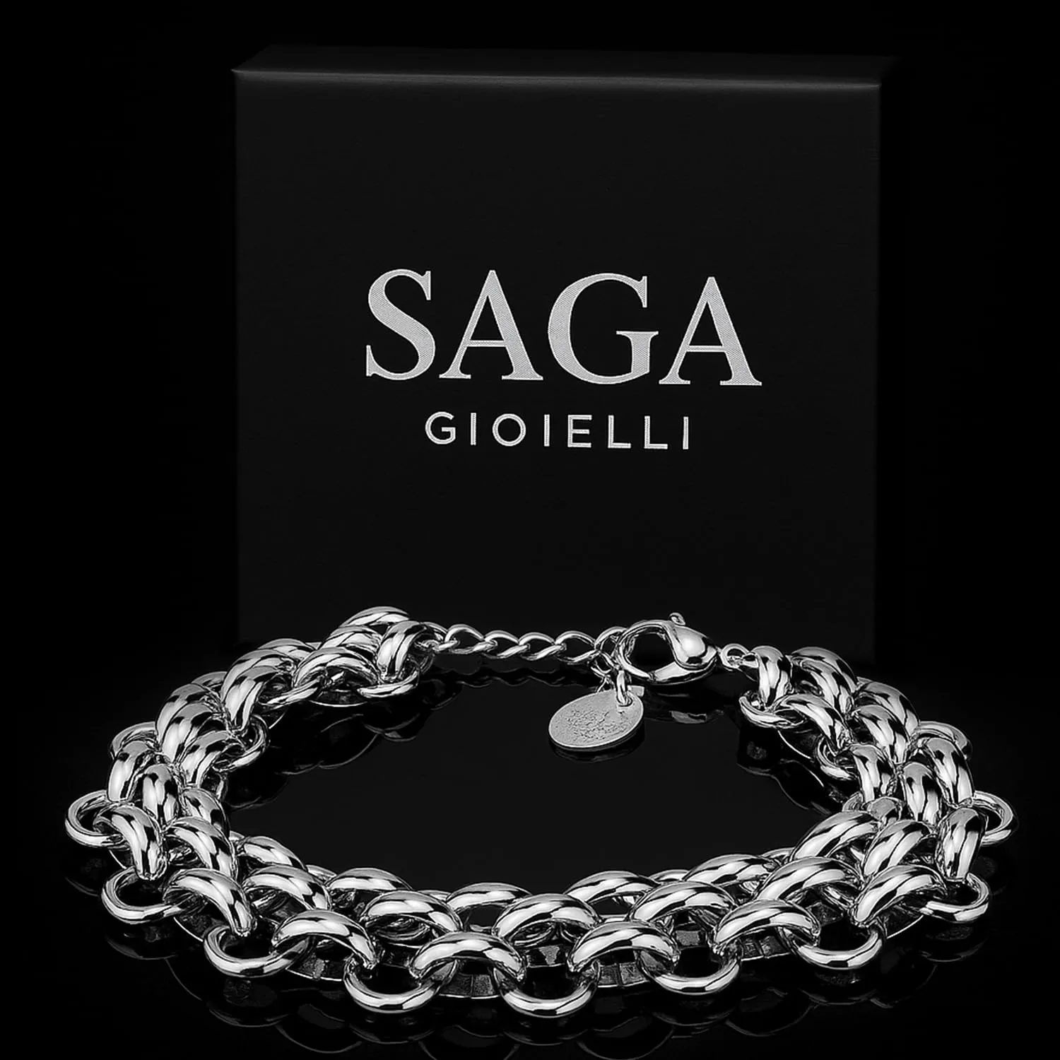 SAGA GIOIELLI Bracciale donna a catena intrecciata striata argentata in acciaio inox, 18+5,5 cm, spessore 13 mm (Liscio) - immagine 8