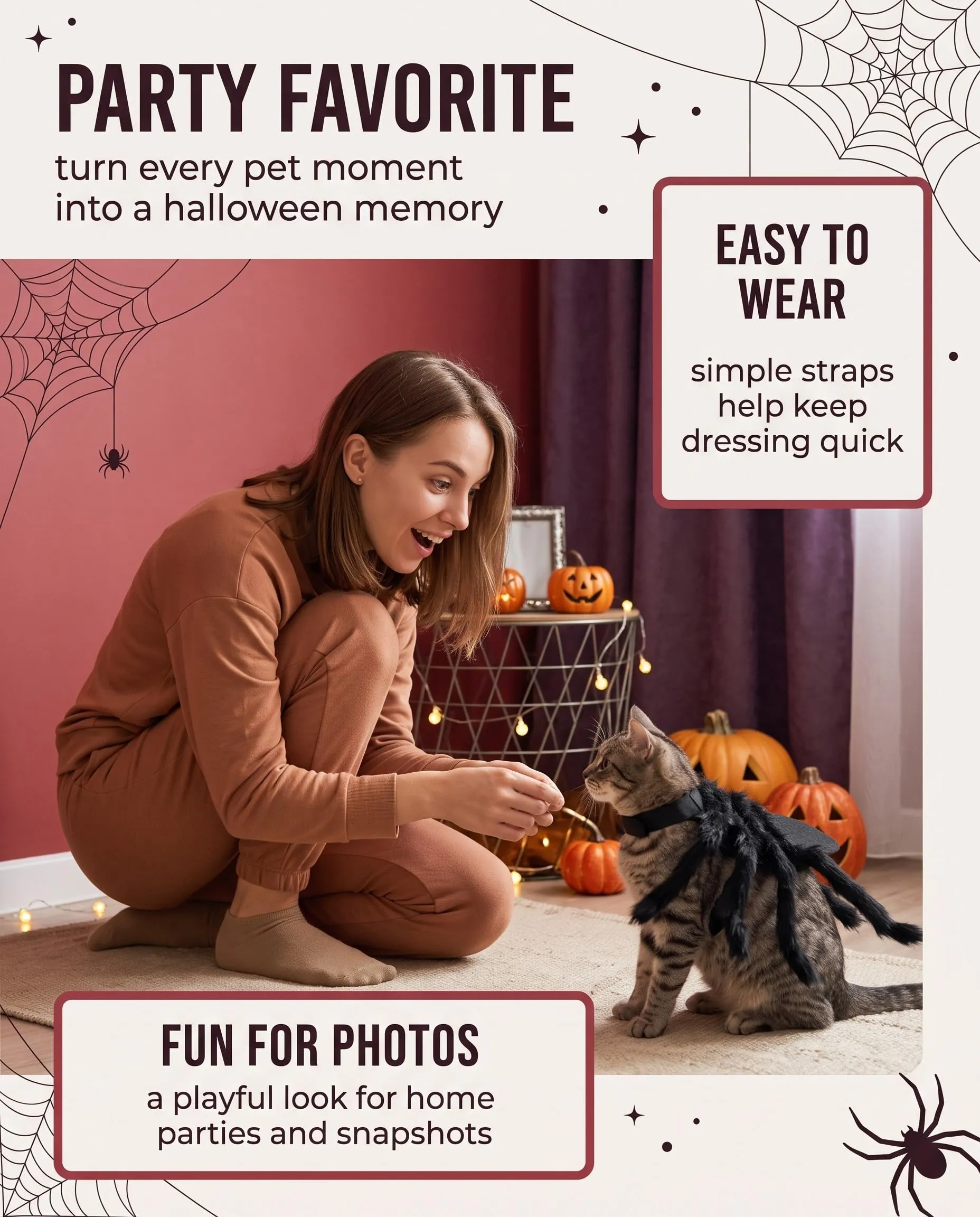 XALFST Costume da Ragno di Halloween per Cane e Gatto, Taglia M, Felpa Morbida con Gambe Flessibili - immagine 2