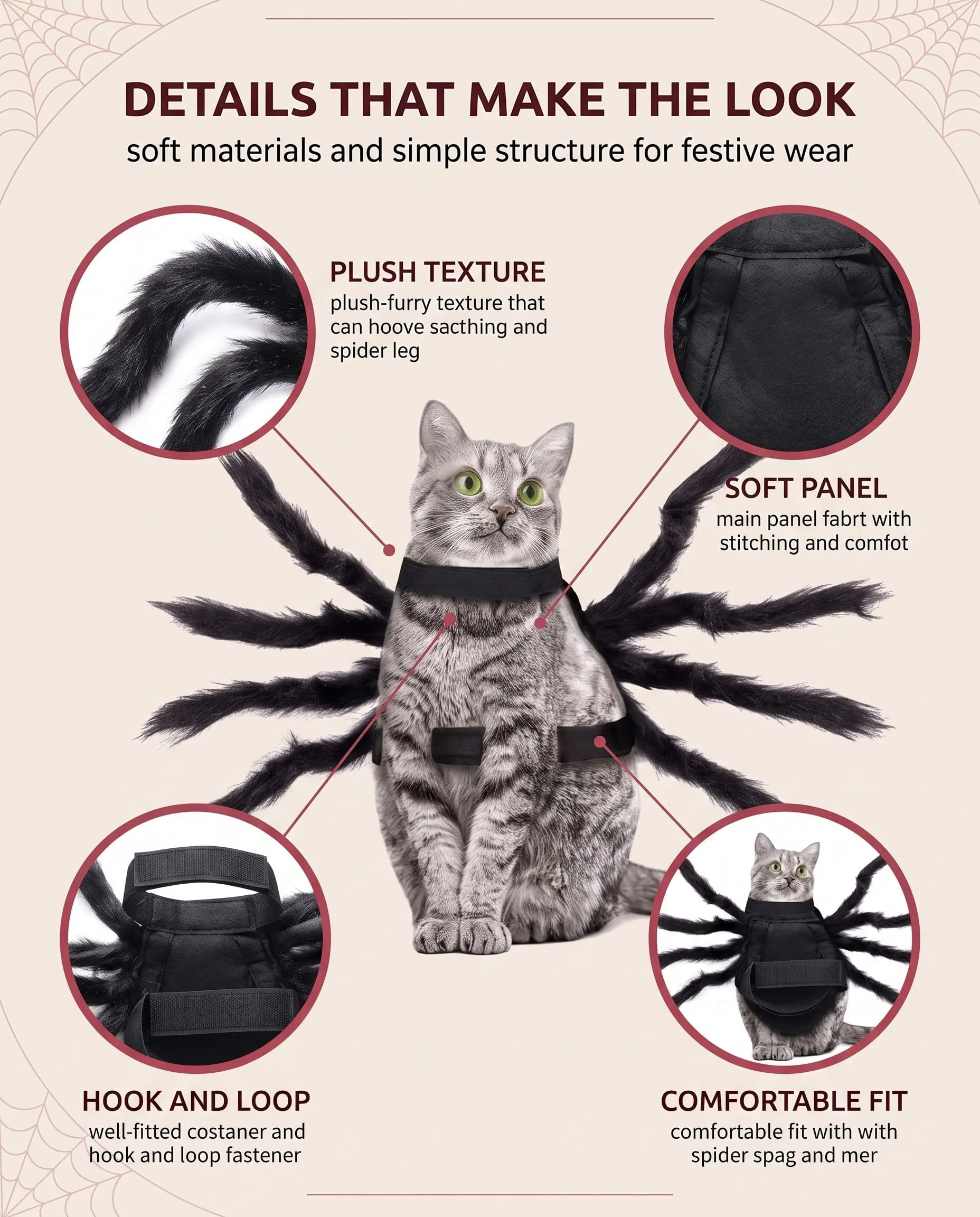 XALFST Costume da Ragno di Halloween per Cane e Gatto, Taglia M, Felpa Morbida con Gambe Flessibili - immagine 6