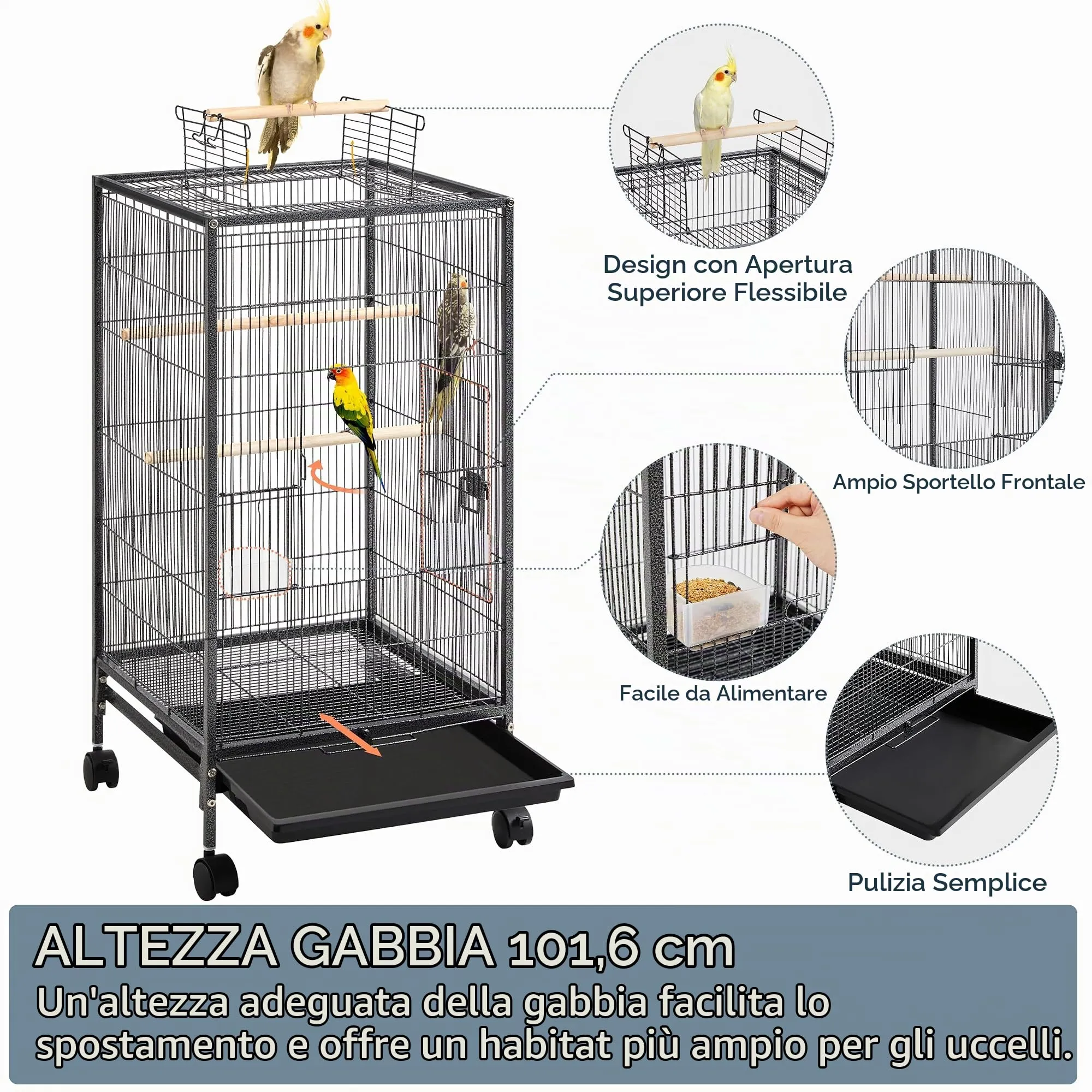 Yaheetech Gabbia Uccelli in Metallo con Ruote, 45,5 x 45,5 x 89,5 cm, Nera - immagine 4