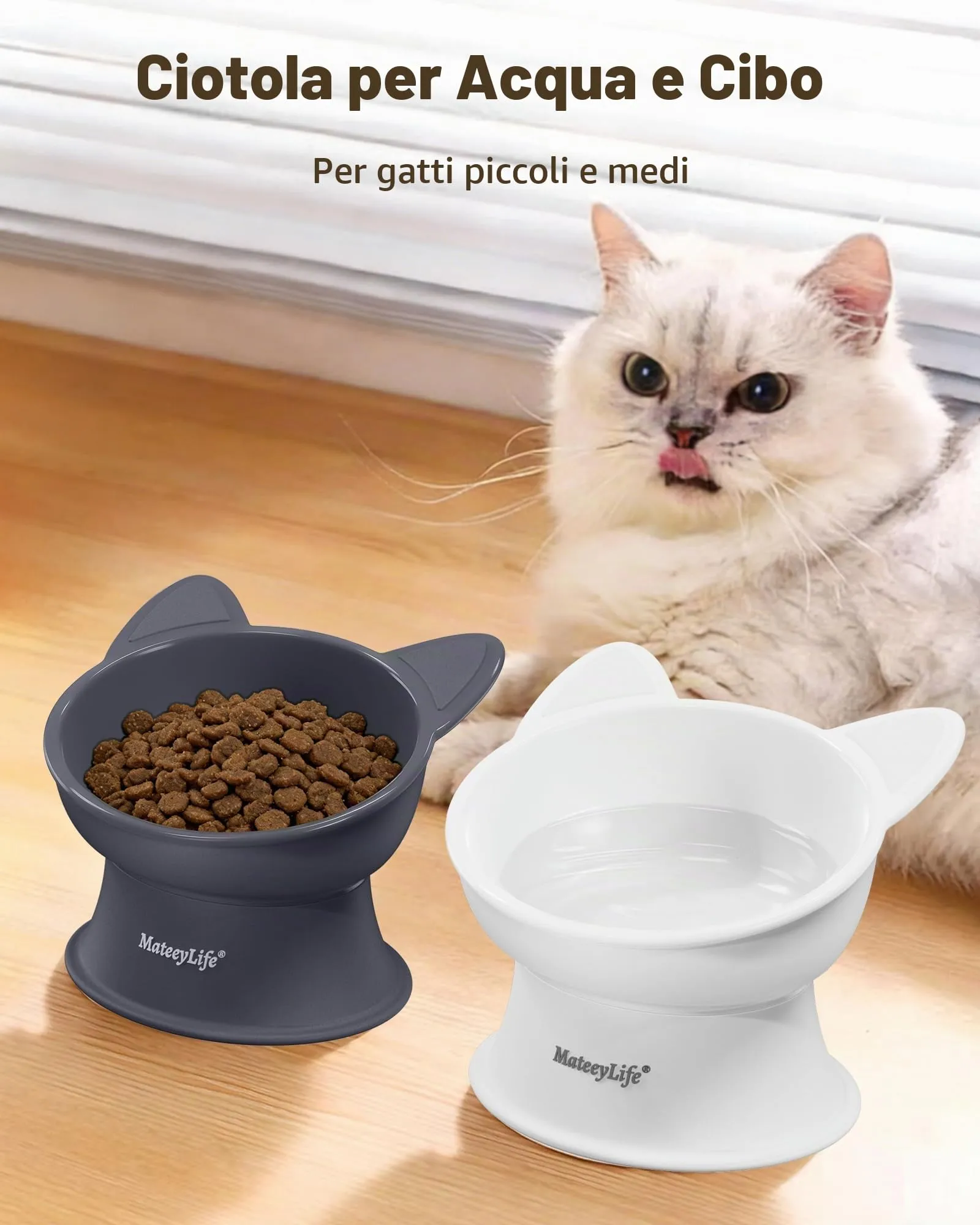MateeyLife Ciotole per Gatti Rialzate, Set da 2, Bianco & Grigio - immagine 3
