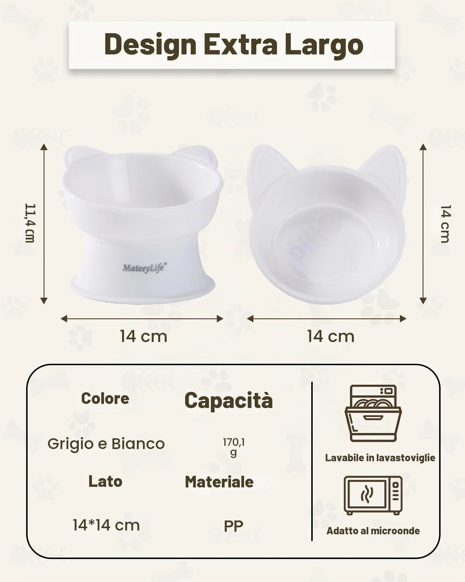 MateeyLife Ciotole per Gatti Rialzate, Set da 2, Bianco & Grigio - immagine 4