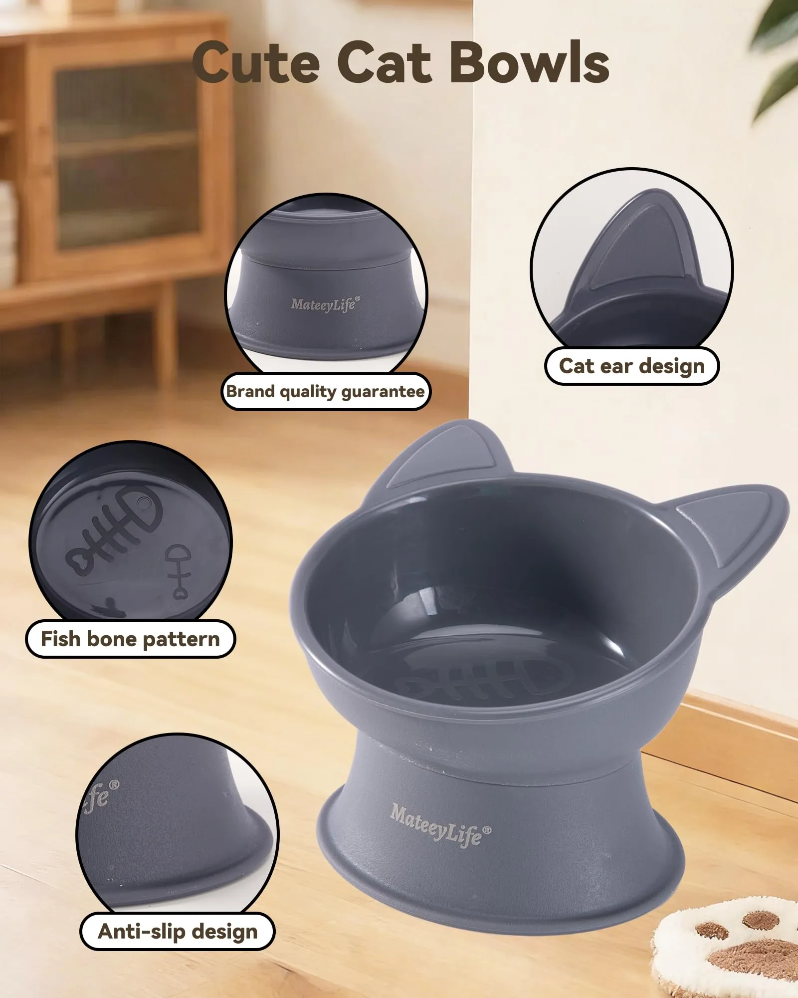 MateeyLife Ciotole per Gatti Rialzate, Set da 2, Bianco & Grigio - immagine 5