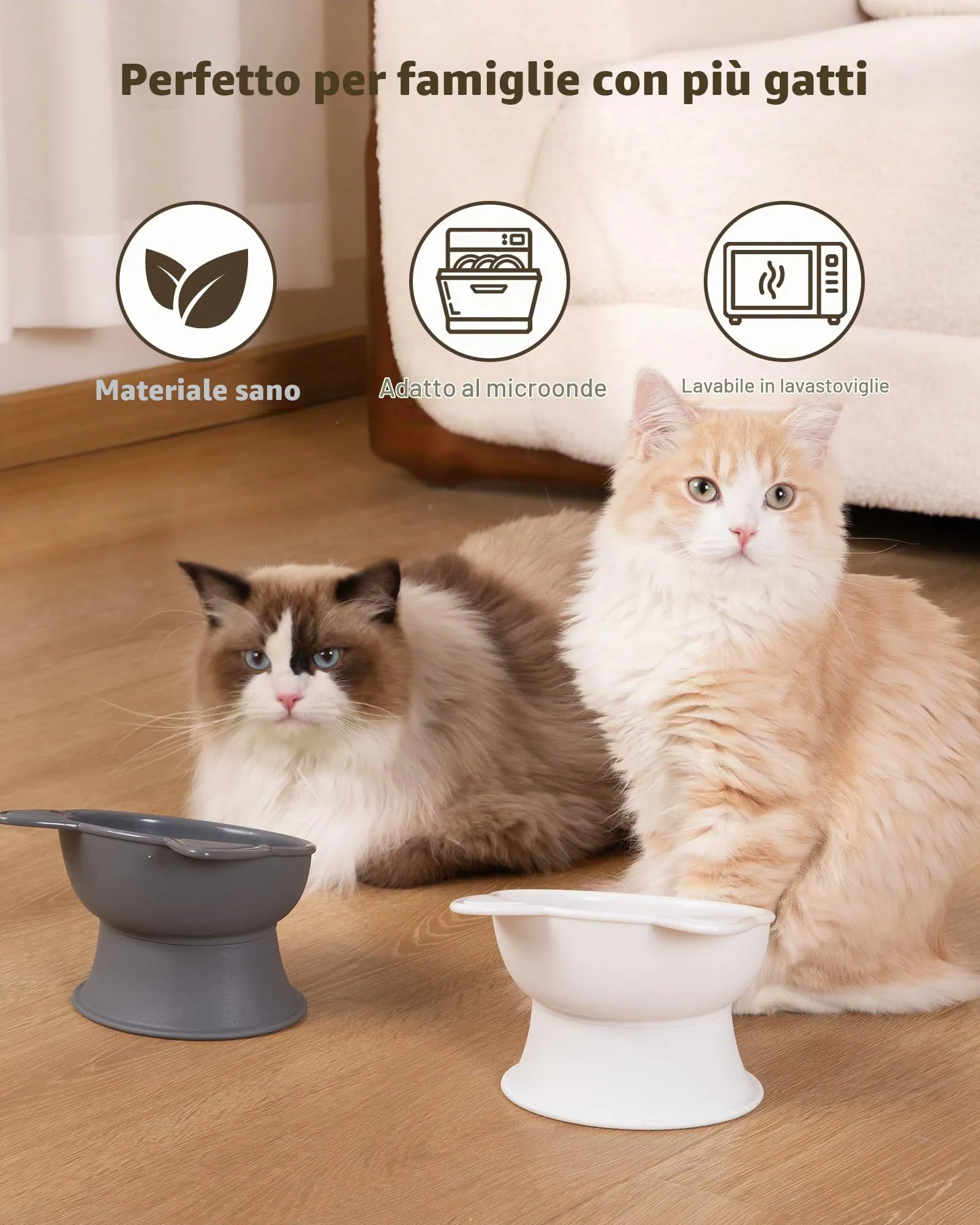 MateeyLife Ciotole per Gatti Rialzate, Set da 2, Bianco & Grigio - immagine 8