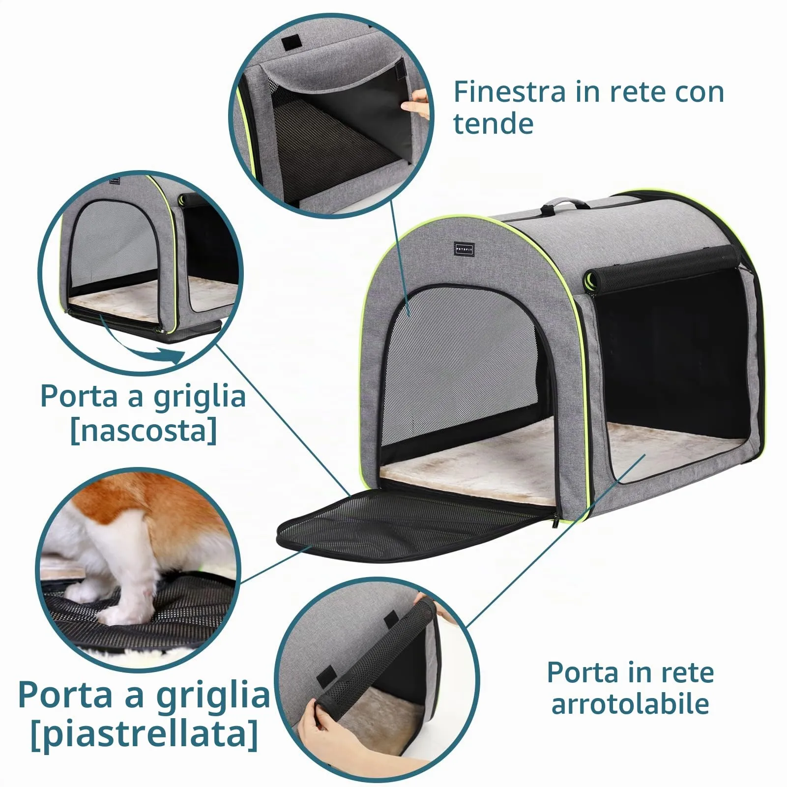 Petsfit Trasportino per Cani Pieghevole con Tasche e Cuscino, Grigio, 62 x 65 x 64cm - immagine 3