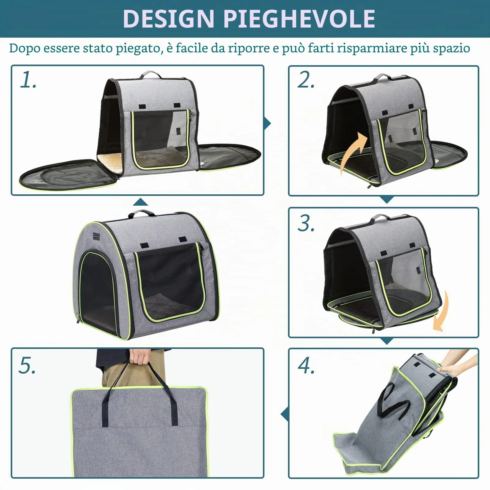 Petsfit Trasportino per Cani Pieghevole con Tasche e Cuscino, Grigio, 62 x 65 x 64cm - immagine 5