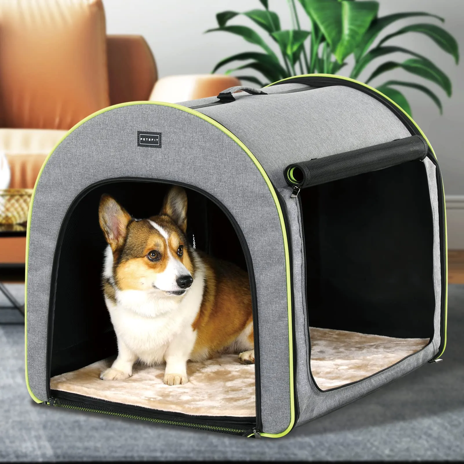 Petsfit Trasportino per Cani Pieghevole con Tasche e Cuscino, Grigio, 62 x 65 x 64cm - immagine 6