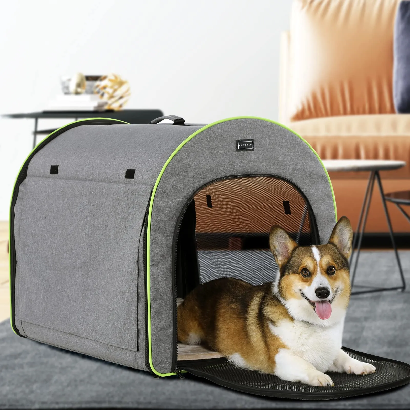 Petsfit Trasportino per Cani Pieghevole con Tasche e Cuscino, Grigio, 62 x 65 x 64cm - immagine 8