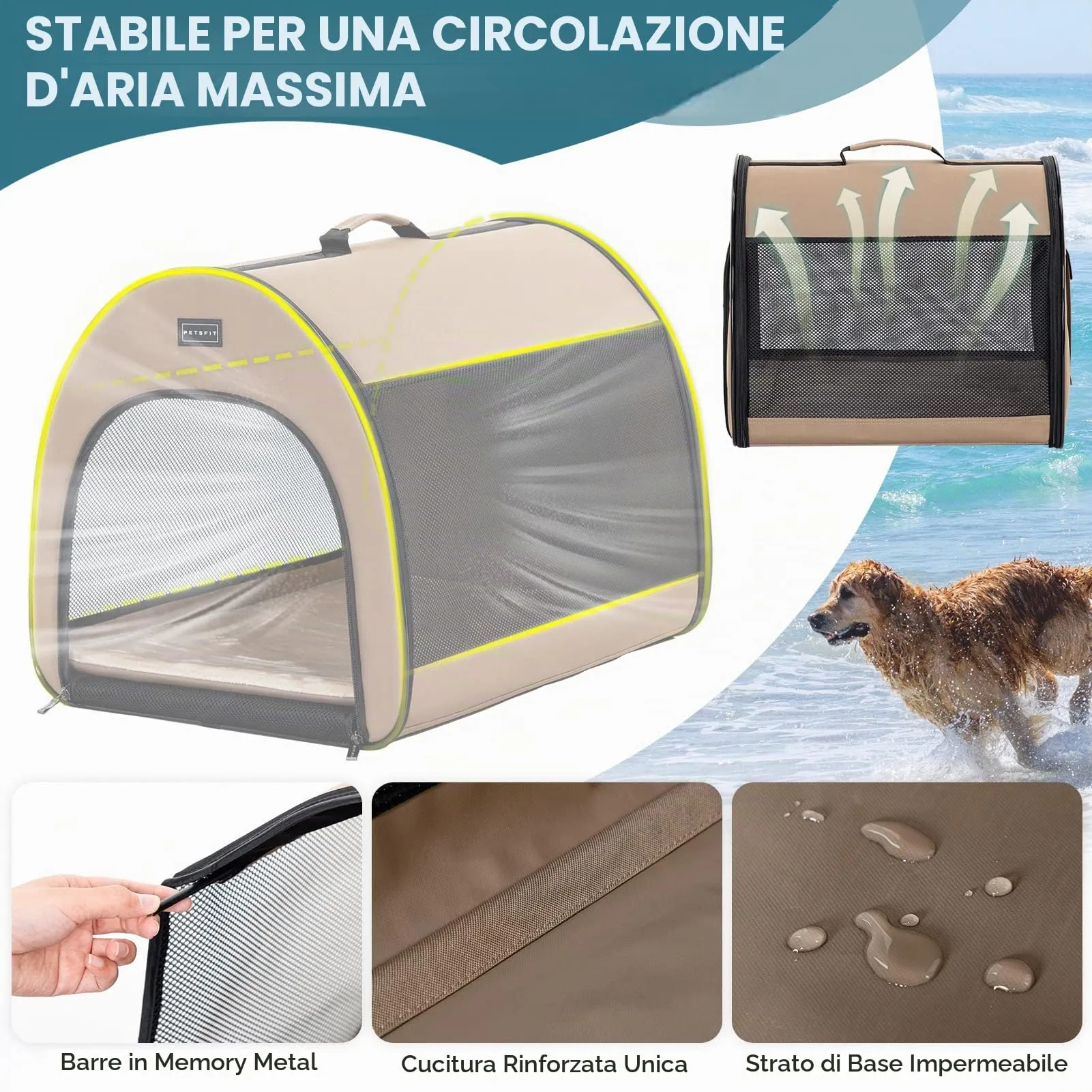 Petsfit Trasportino per Cani Pieghevole con Tasche e Cuscino, Cachi, 50.5 x 67 x 50.5cm - immagine 4