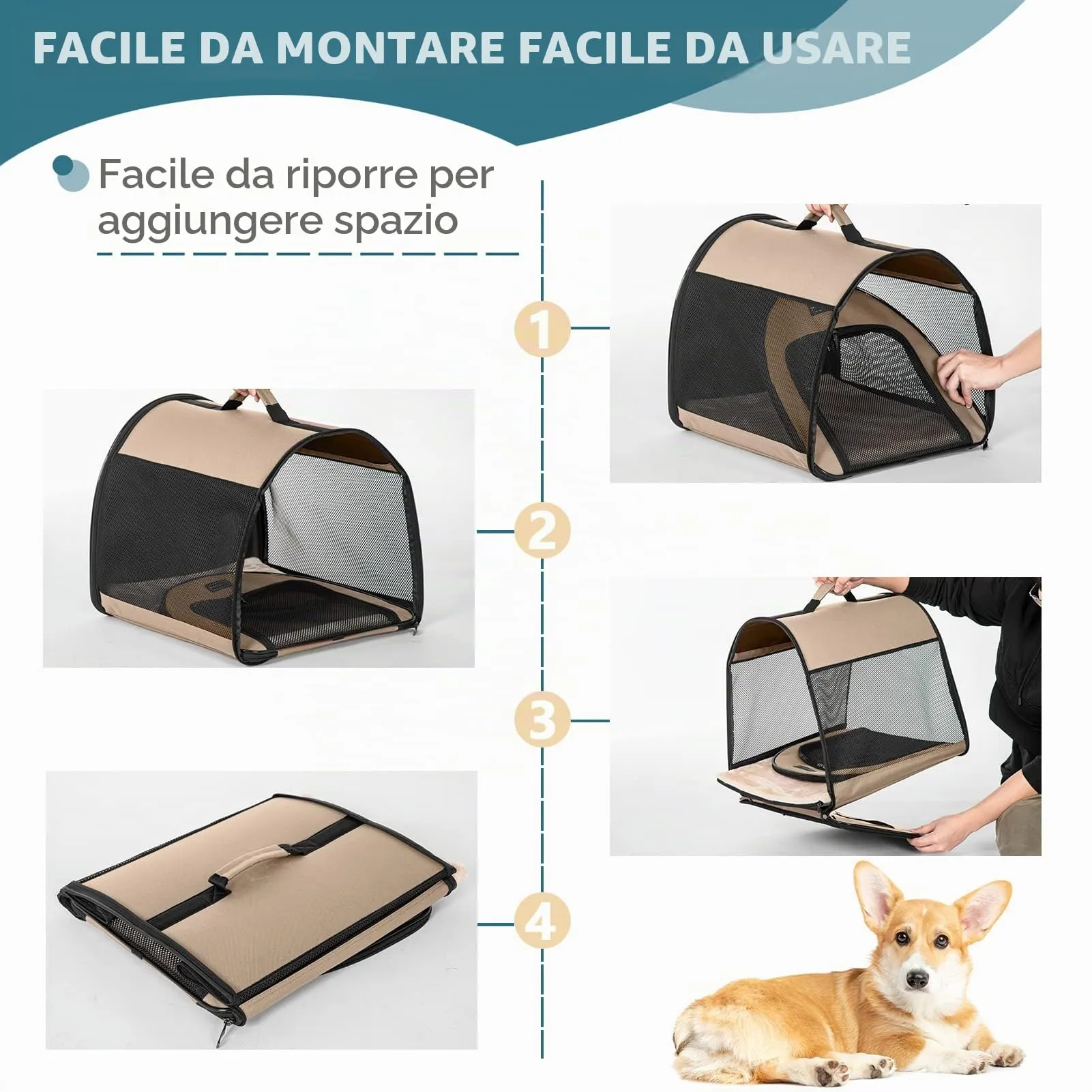 Petsfit Trasportino per Cani Pieghevole con Tasche e Cuscino, Cachi, 50.5 x 67 x 50.5cm - immagine 5