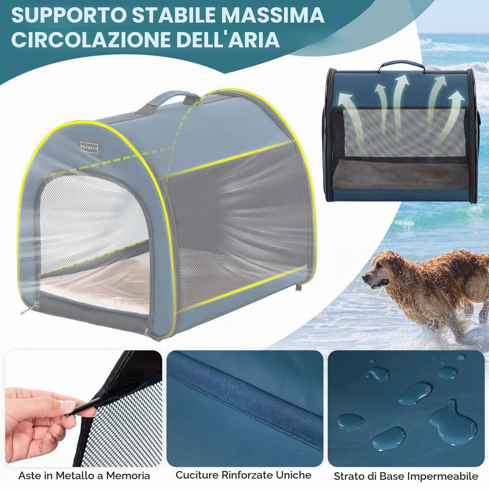 Petsfit Borsa per Cani Trasportino Pieghevole con Tasche e Cuscino, Blu, 42 x 48.5 x 41.5cm - immagine 4