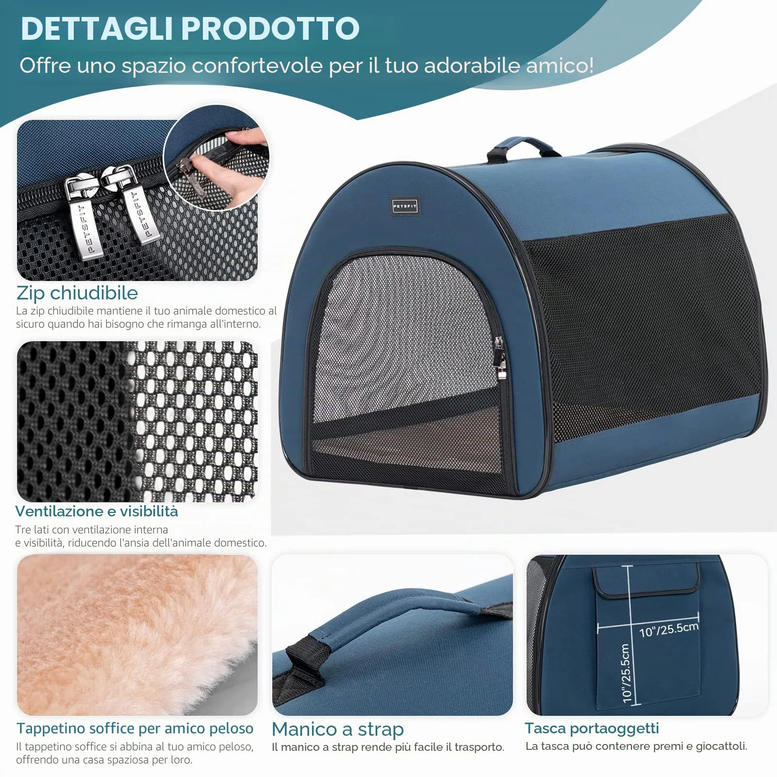 Petsfit Trasportino per Cani Pieghevole, Design Curvo con Tasche e Cuscino, Blu, 50.5 x 67 x 50.5cm - immagine 2
