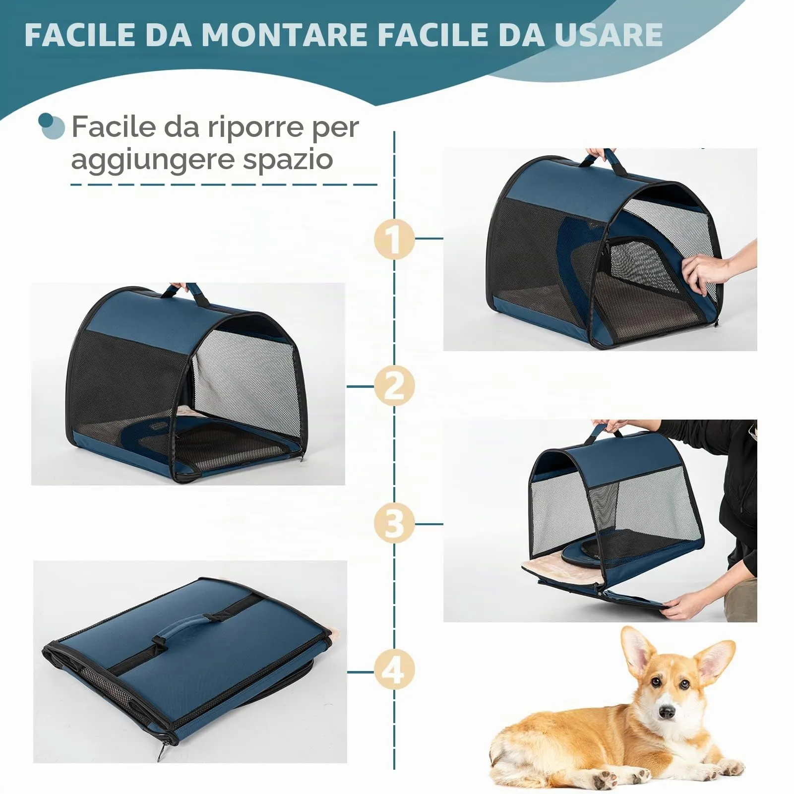 Petsfit Trasportino per Cani Pieghevole, Design Curvo con Tasche e Cuscino, Blu, 50.5 x 67 x 50.5cm - immagine 5