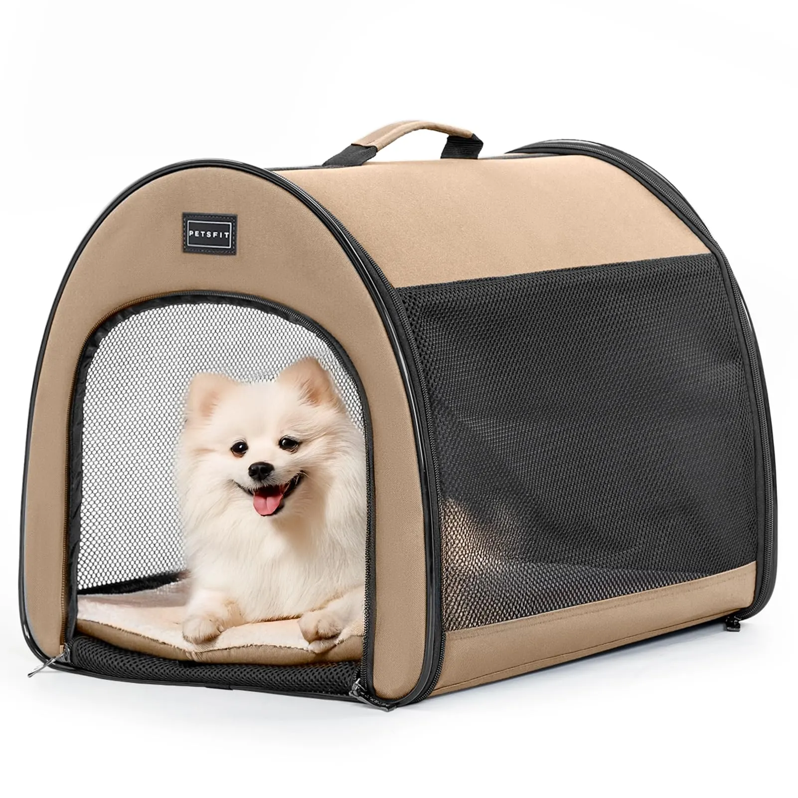 Petsfit Borsa Trasportino per Cani Pieghevole con Tasche e Cuscino, Cachi, 42 x 48.5 x 41.5cm - immagine 1