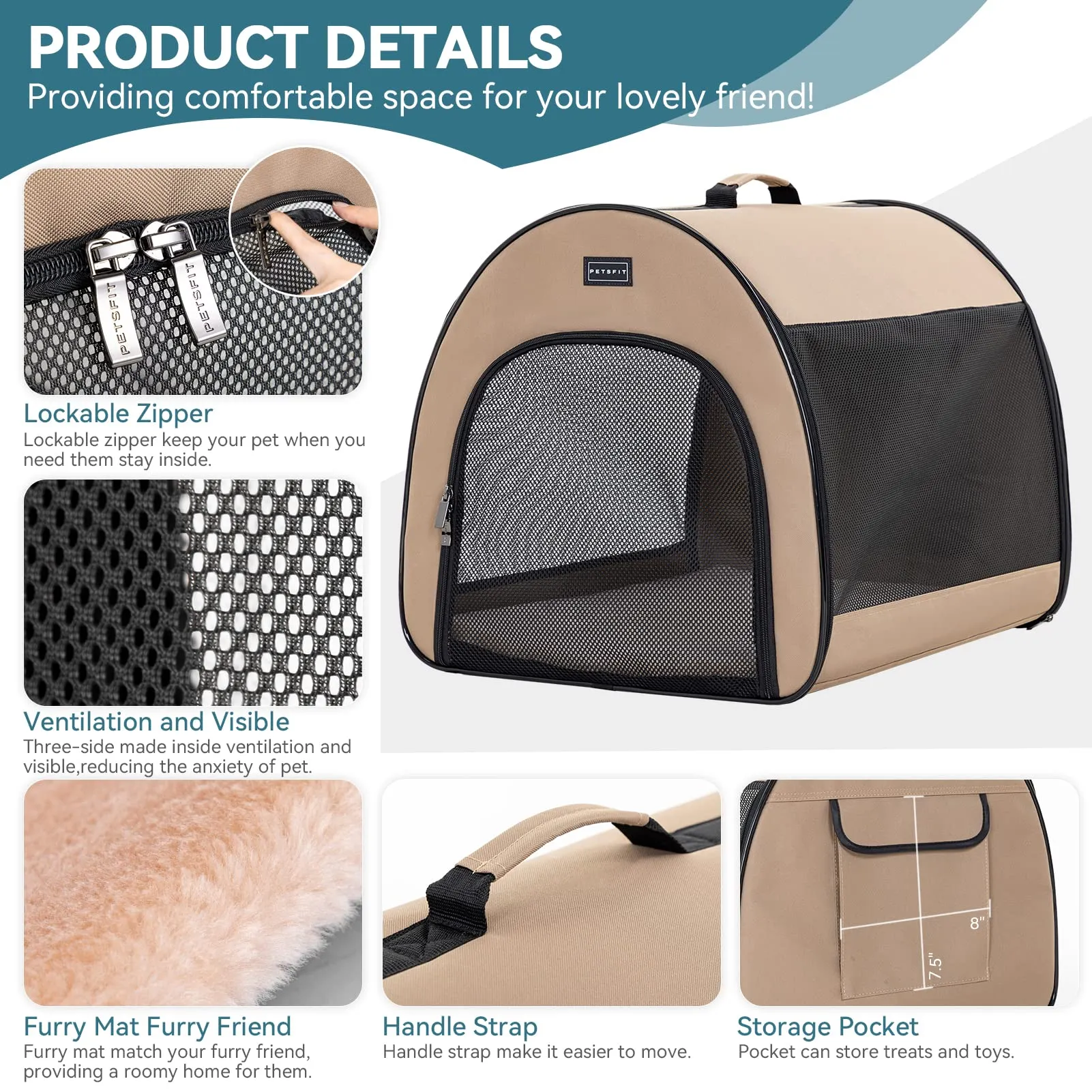 Petsfit Borsa Trasportino per Cani Pieghevole con Tasche e Cuscino, Cachi, 42 x 48.5 x 41.5cm - immagine 3