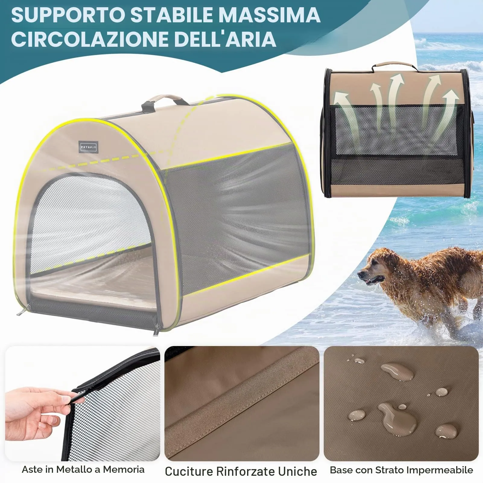 Petsfit Borsa Trasportino per Cani Pieghevole con Tasche e Cuscino, Cachi, 42 x 48.5 x 41.5cm - immagine 4