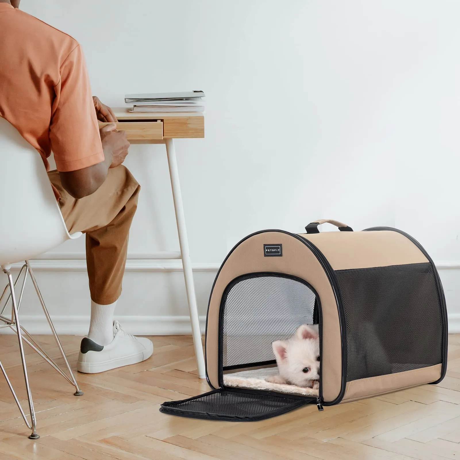 Petsfit Borsa Trasportino per Cani Pieghevole con Tasche e Cuscino, Cachi, 42 x 48.5 x 41.5cm - immagine 5