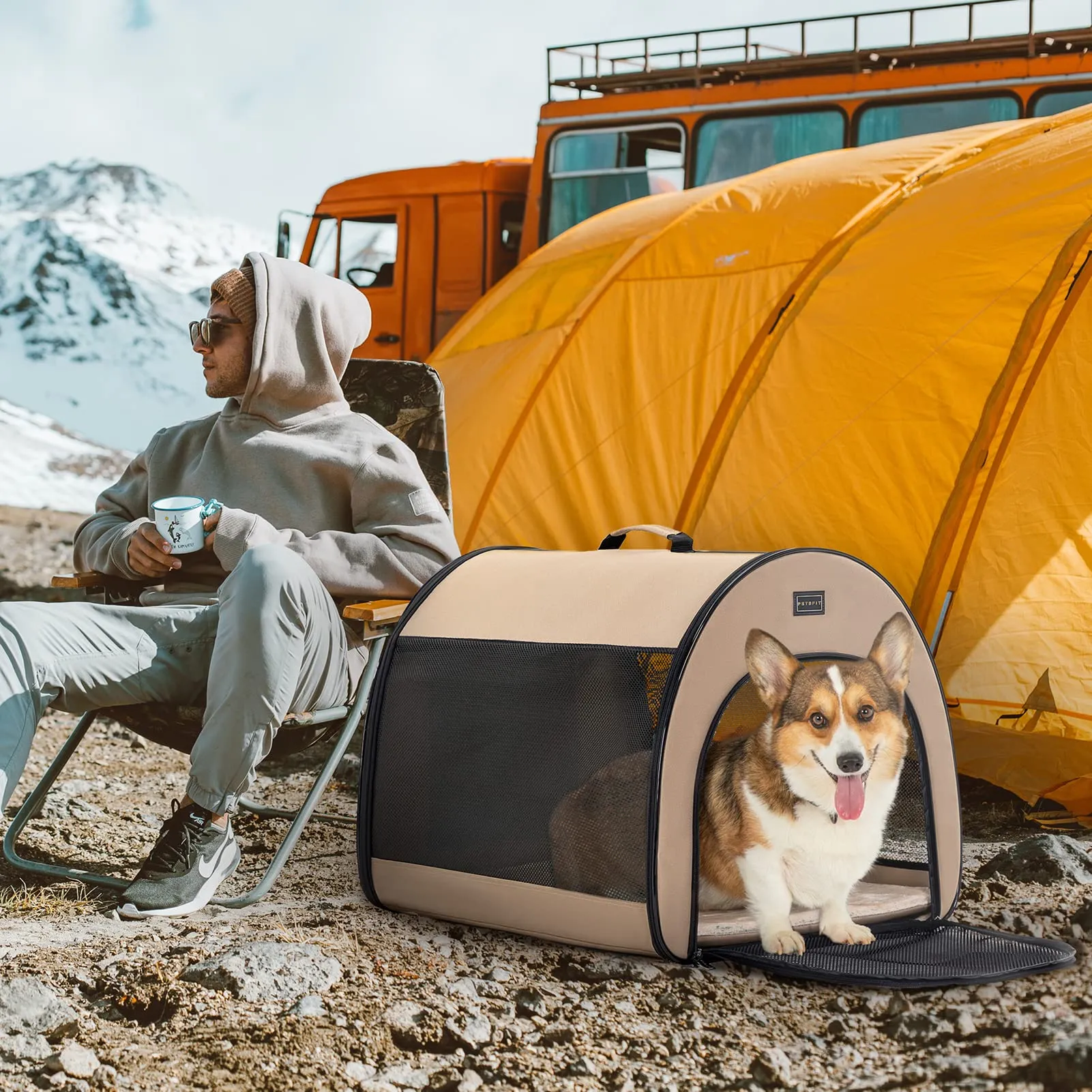 Petsfit Borsa Trasportino per Cani Pieghevole con Tasche e Cuscino, Cachi, 42 x 48.5 x 41.5cm - immagine 6