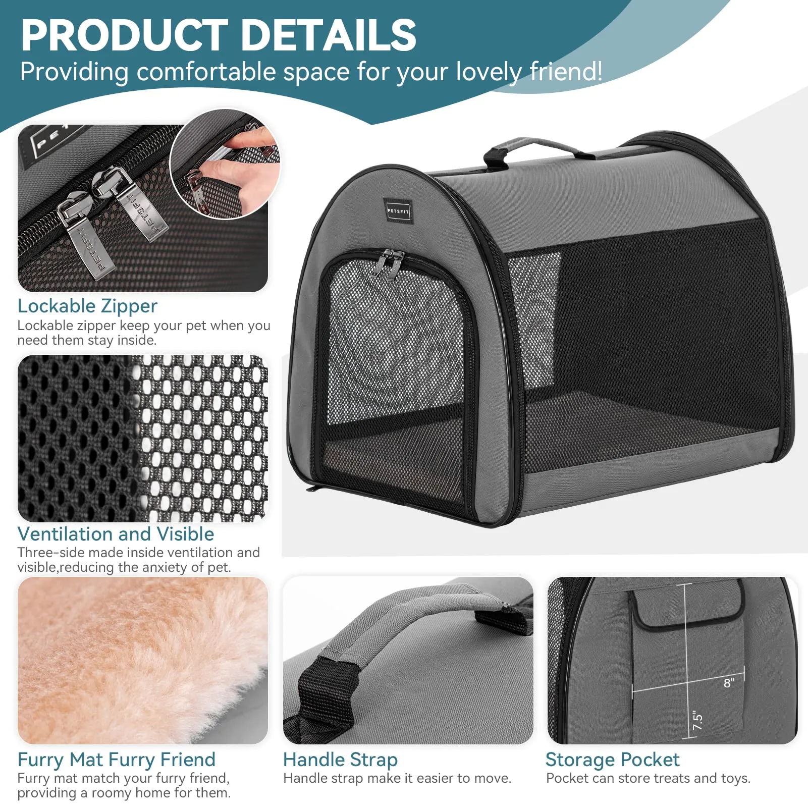 Petsfit Borsa Trasportino per Cani Pieghevole con Tasche e Cuscino, Grigio Sicuro, 42 x 48.5 x 41.5cm - immagine 3
