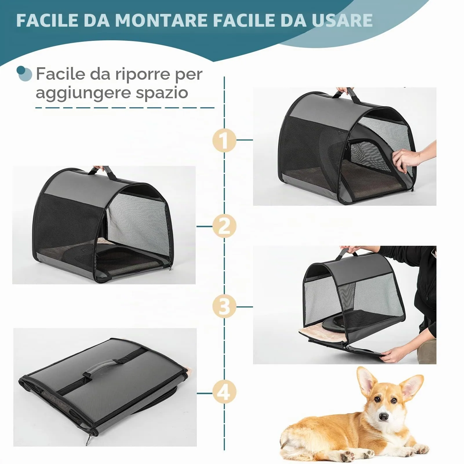 Petsfit Borsa Trasportino per Cani Pieghevole con Tasche e Cuscino, Grigio Sicuro, 42 x 48.5 x 41.5cm - immagine 5