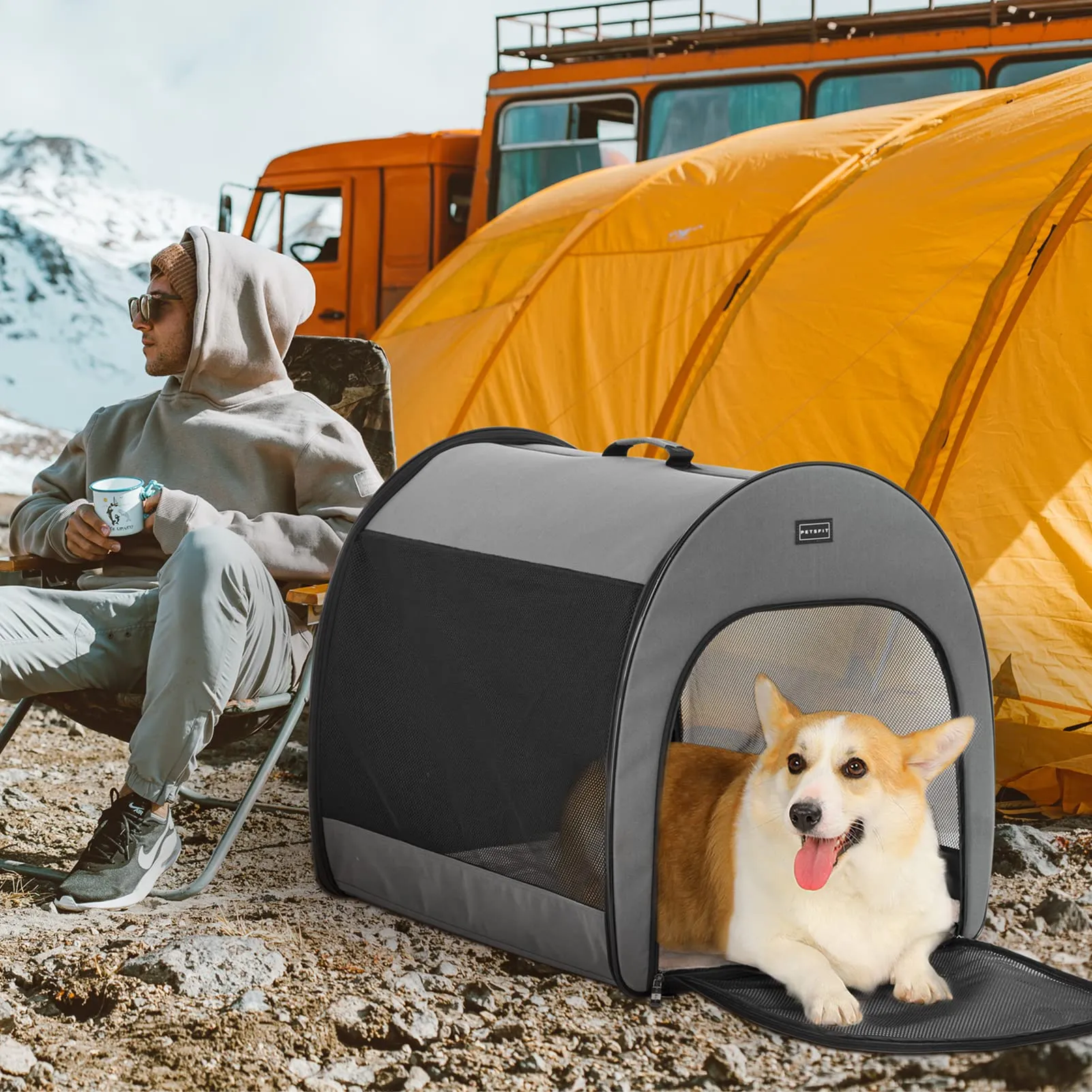 Petsfit Borsa Trasportino per Cani Pieghevole con Tasche e Cuscino, Grigio Sicuro, 42 x 48.5 x 41.5cm - immagine 7
