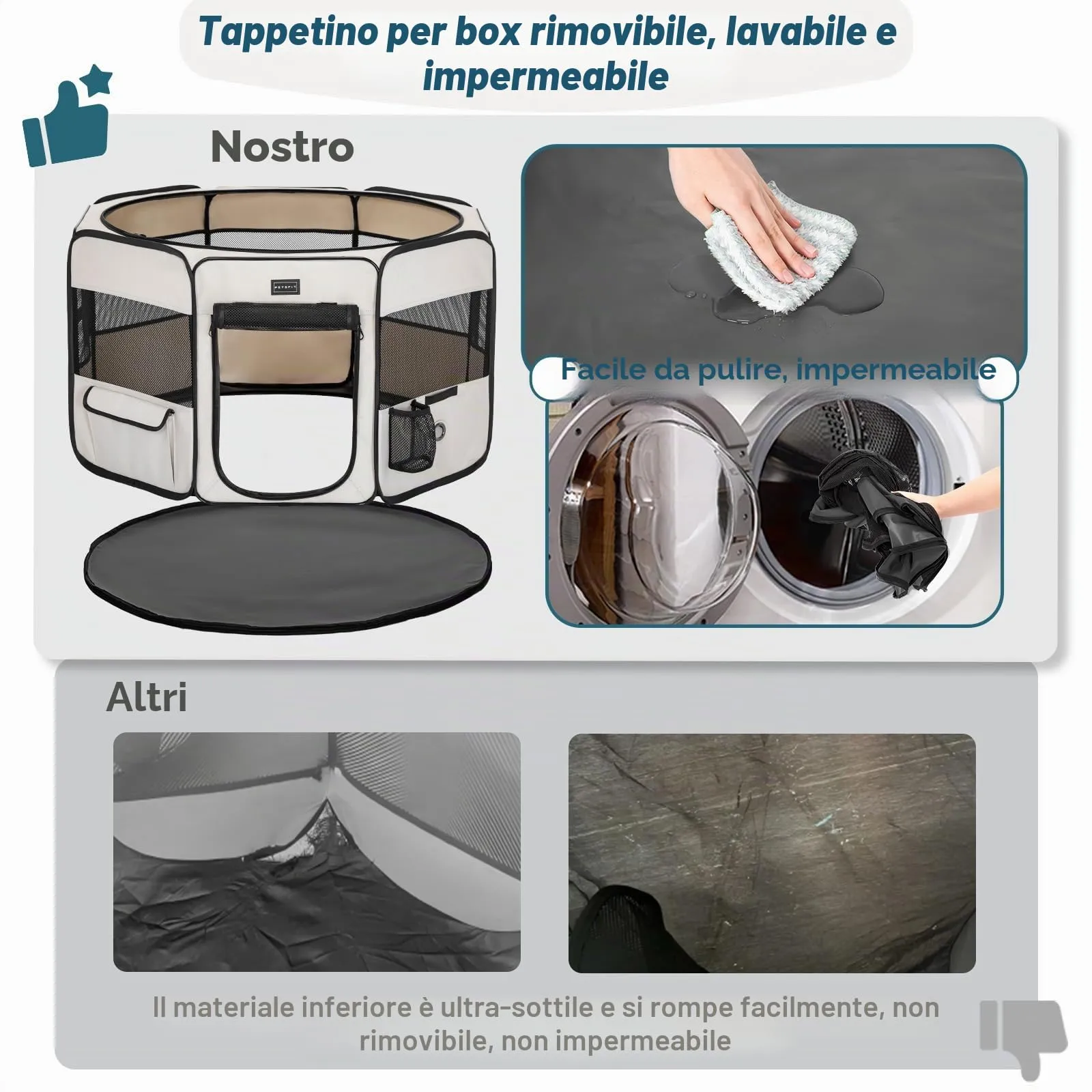 Petsfit Recinto per Cani Pieghevole con Coperchio Rimovibile e Pavimento Impermeabile, Bianco, 116 x 106 x 70 cm - immagine 2