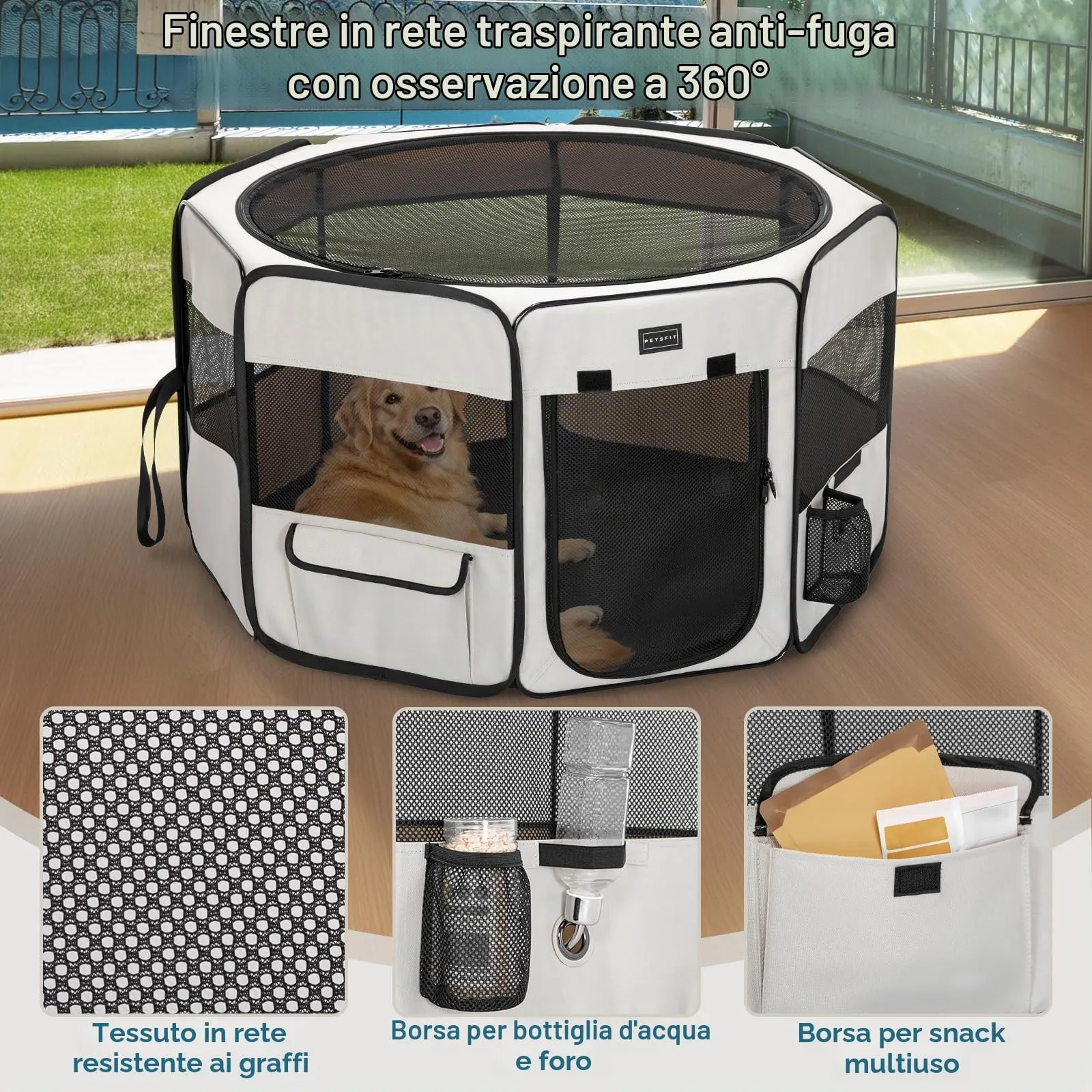 Petsfit Recinto per Cani Pieghevole con Coperchio Rimovibile e Pavimento Impermeabile, Bianco, 116 x 106 x 70 cm - immagine 3