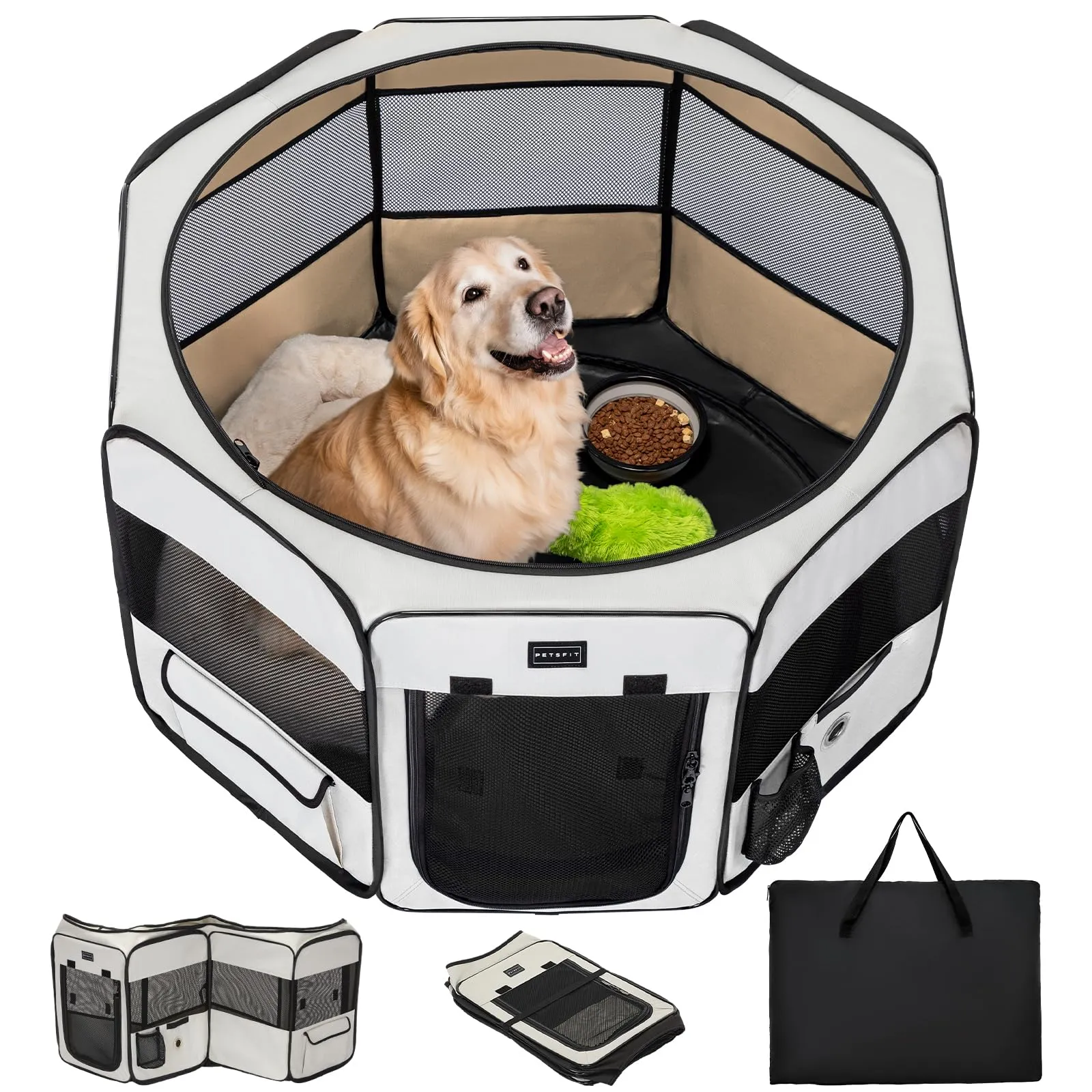 Petsfit Recinto per Cani Pieghevole con Coperchio Rimovibile e Pavimento Impermeabile, Bianco, 116 x 106 x 70 cm - immagine 7