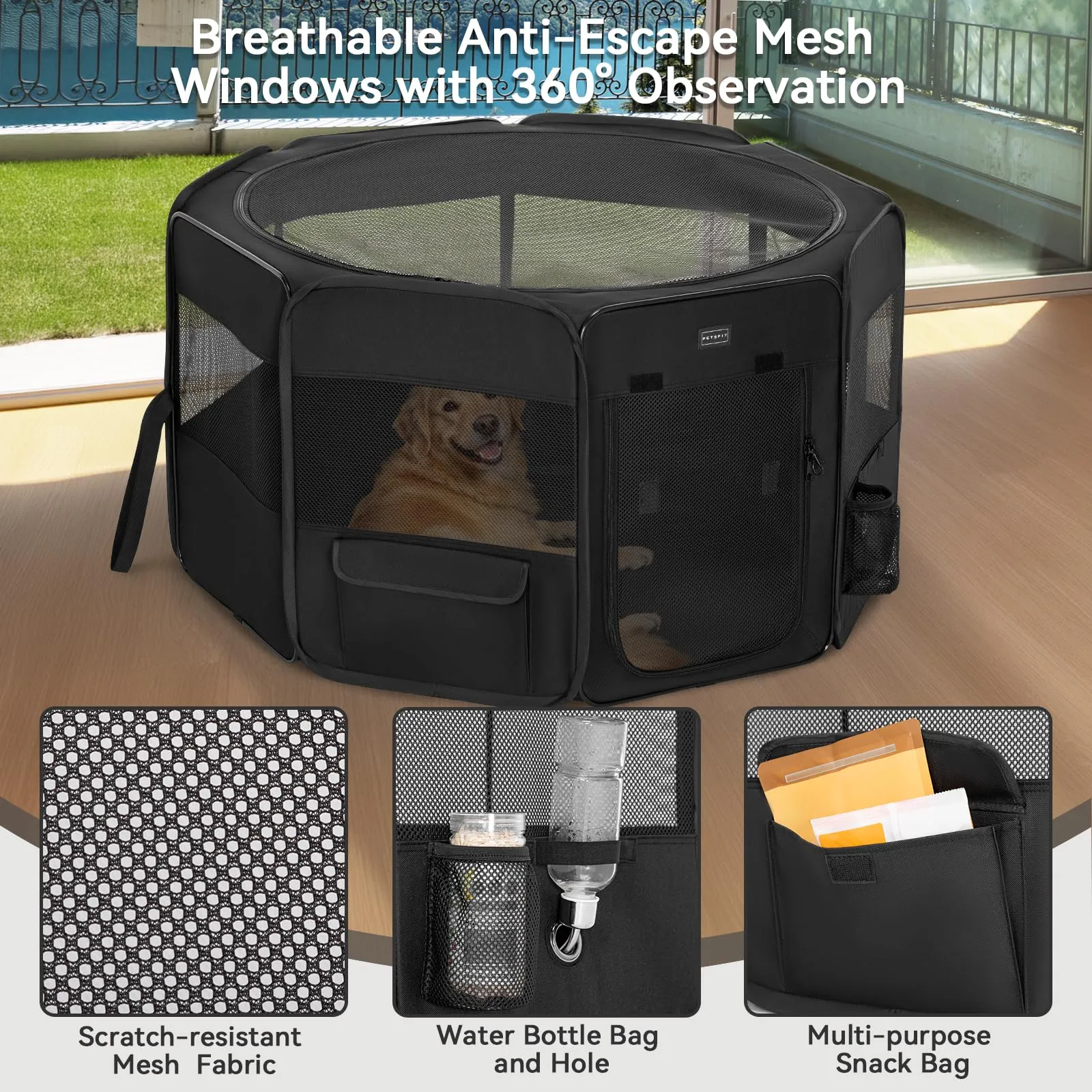 Petsfit Cane Box Indoor Pieghevole con Fondo Anti-Perdita, 116 × 105 × 61 cm, Nero - immagine 2