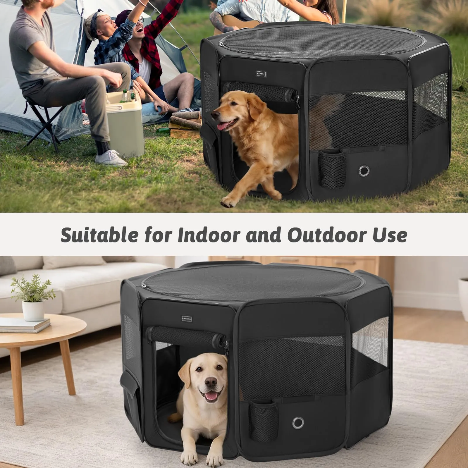 Petsfit Cane Box Indoor Pieghevole con Fondo Anti-Perdita, 116 × 105 × 61 cm, Nero - immagine 4