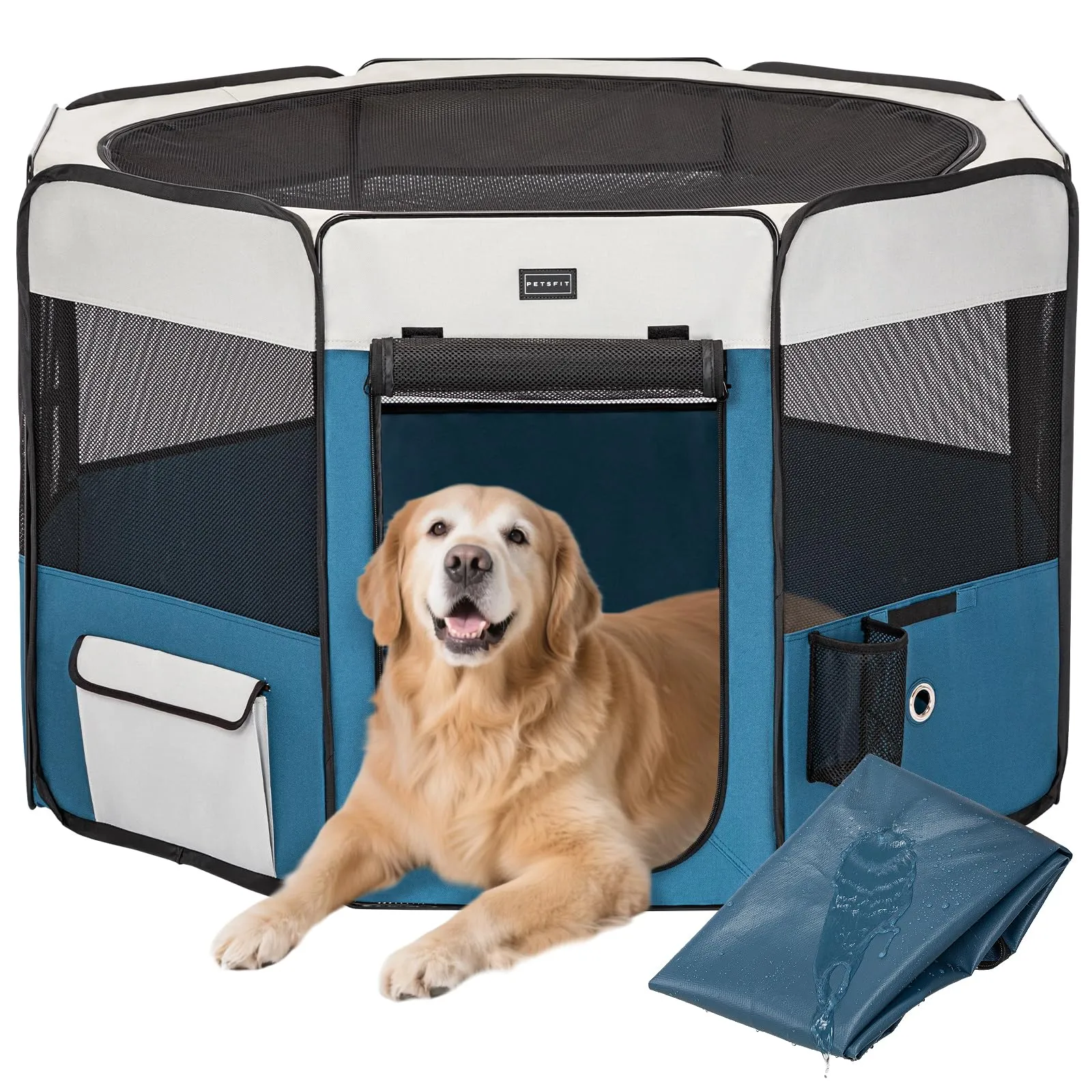 Petsfit Canile per Cani da Interno Pieghevole con Fondo Anti-Perdita, 116 × 105 × 61 cm, Blu - immagine 1