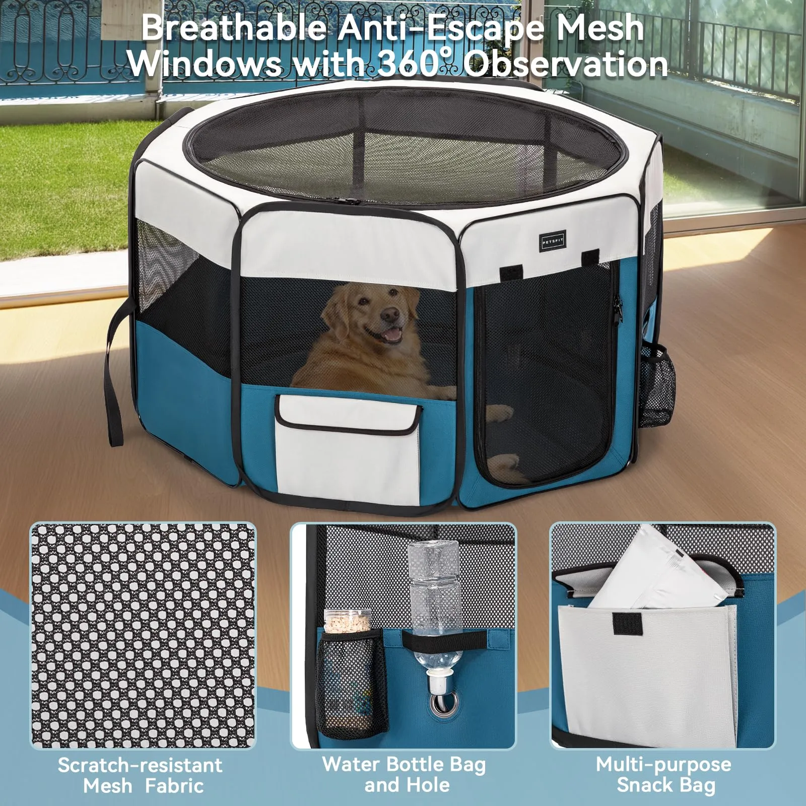 Petsfit Canile per Cani da Interno Pieghevole con Fondo Anti-Perdita, 116 × 105 × 61 cm, Blu - immagine 2