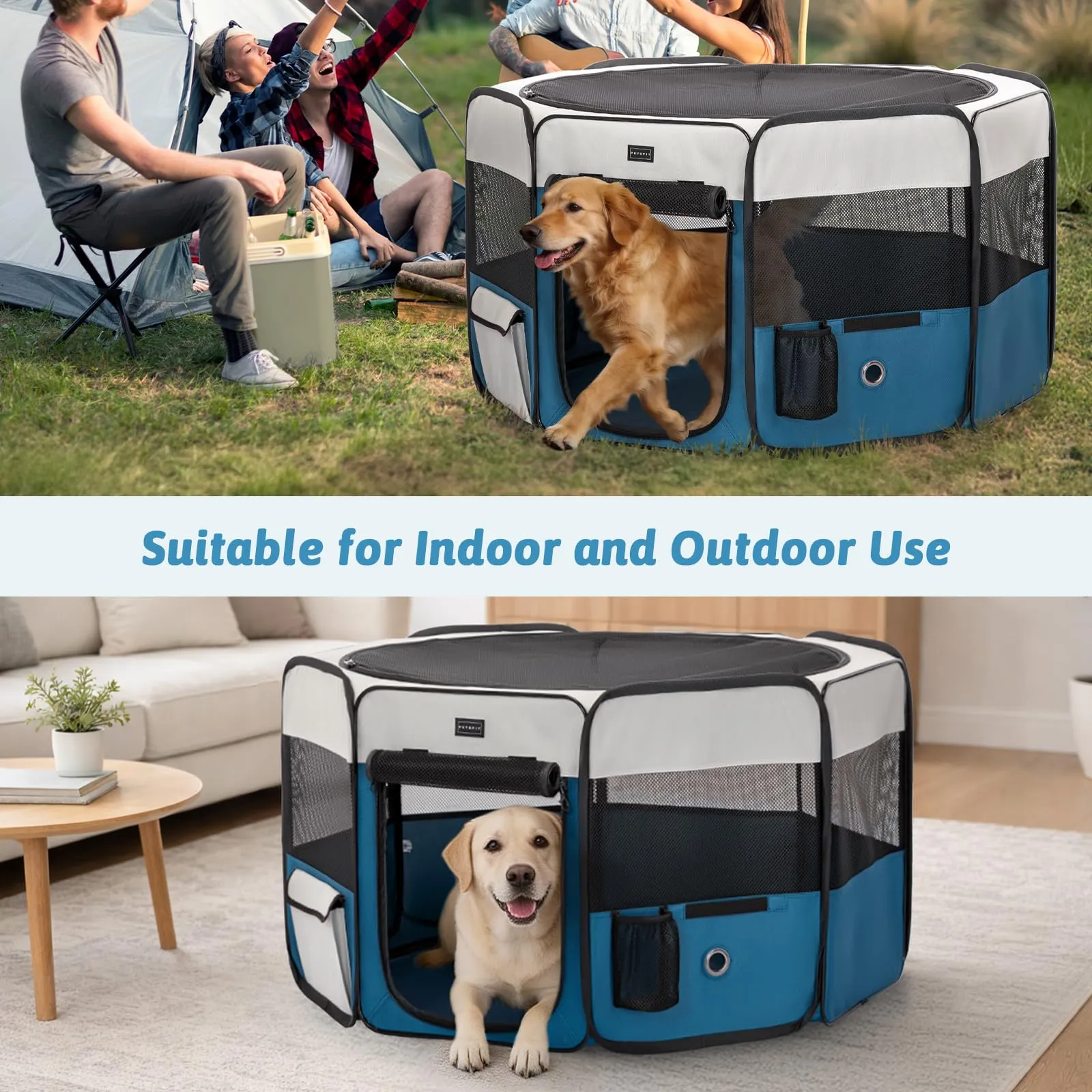 Petsfit Canile per Cani da Interno Pieghevole con Fondo Anti-Perdita, 116 × 105 × 61 cm, Blu - immagine 6