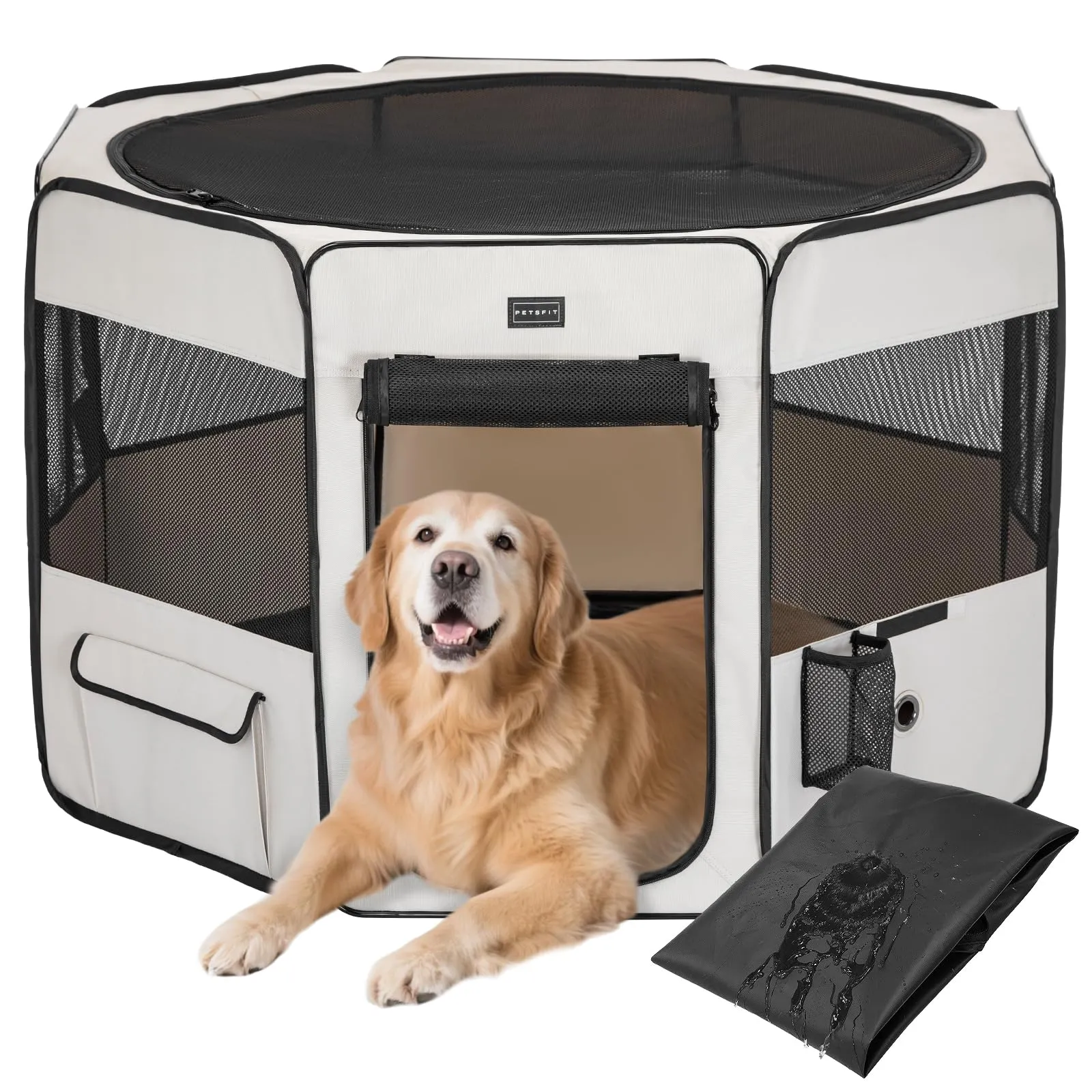 Petsfit Recinto per cani da interno, pieghevole, fondo anti-perdite, 116 × 105 × 61 cm, beige - immagine 1