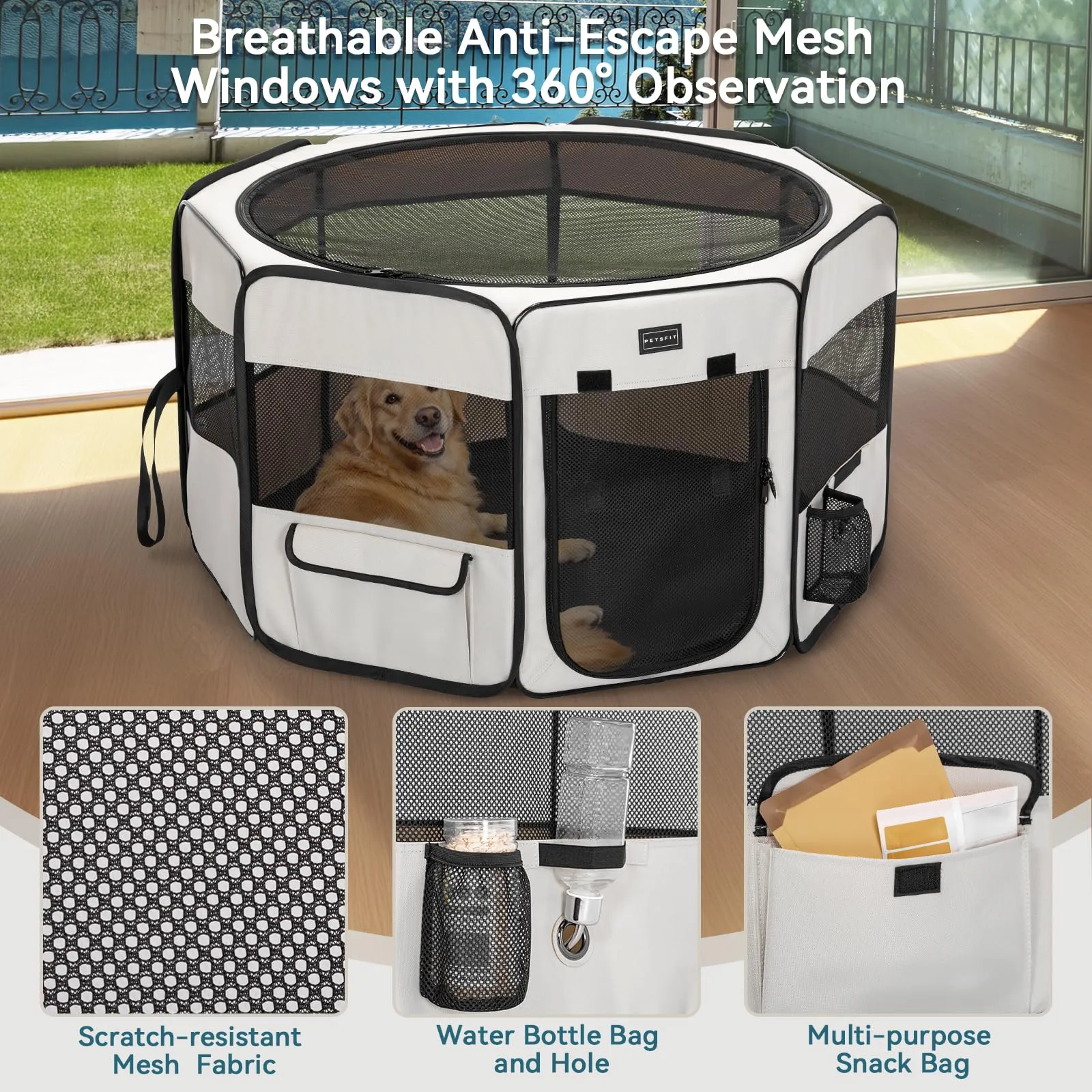 Petsfit Recinto per cani da interno, pieghevole, fondo anti-perdite, 116 × 105 × 61 cm, beige - immagine 4