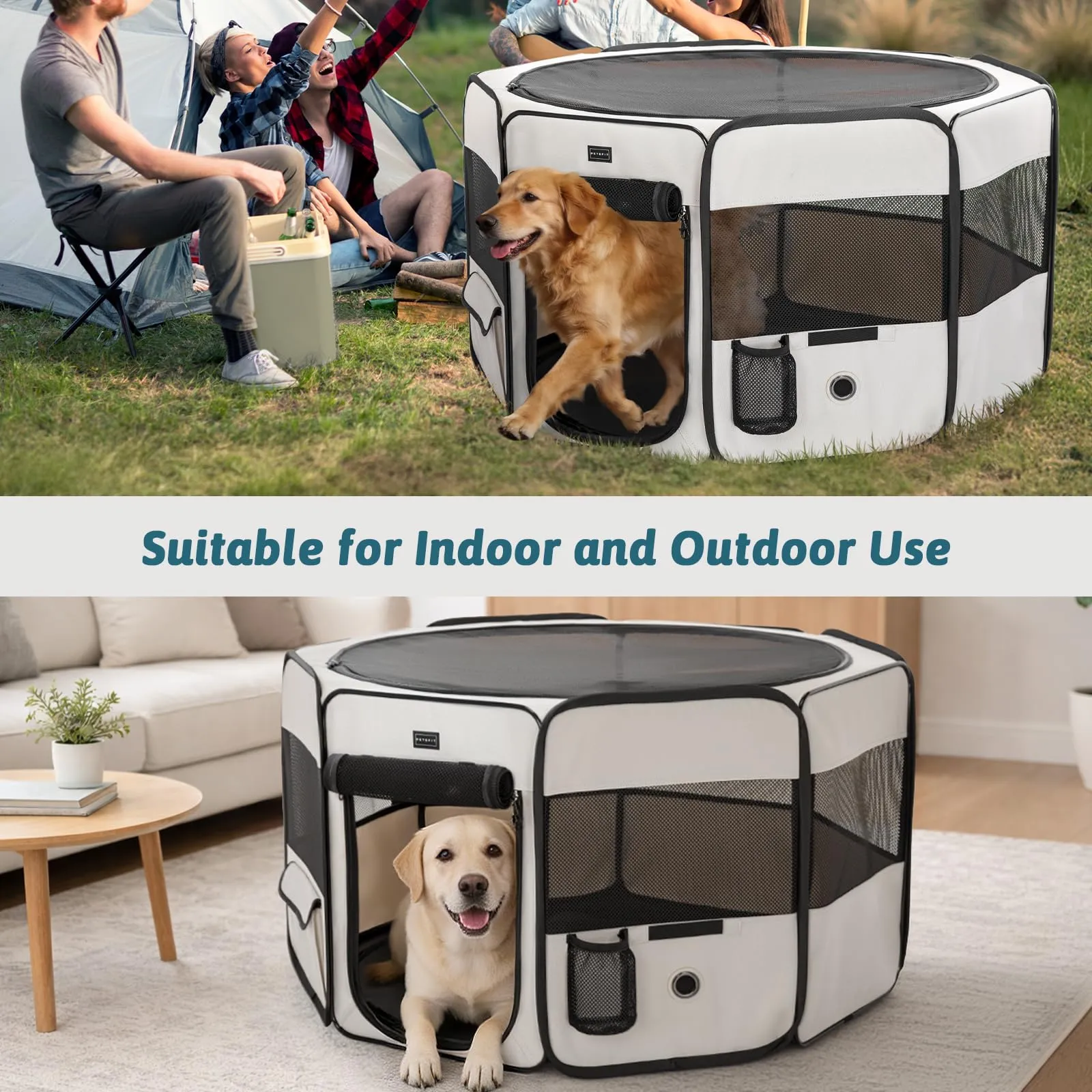 Petsfit Recinto per cani da interno, pieghevole, fondo anti-perdite, 116 × 105 × 61 cm, beige - immagine 5