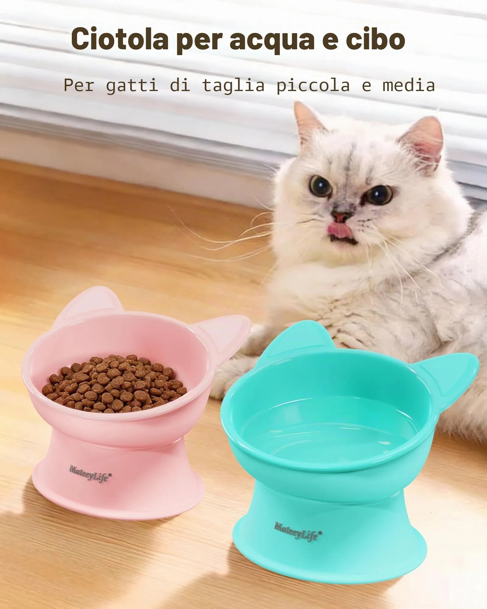MateeyLife Ciotole per Gatti Rialzate, Set da 2, Rosa e Verde - immagine 3