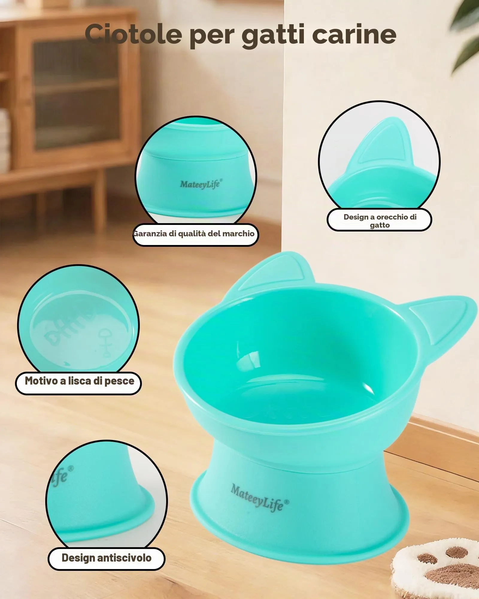 MateeyLife Ciotole per Gatti Rialzate, Set da 2, Rosa e Verde - immagine 5